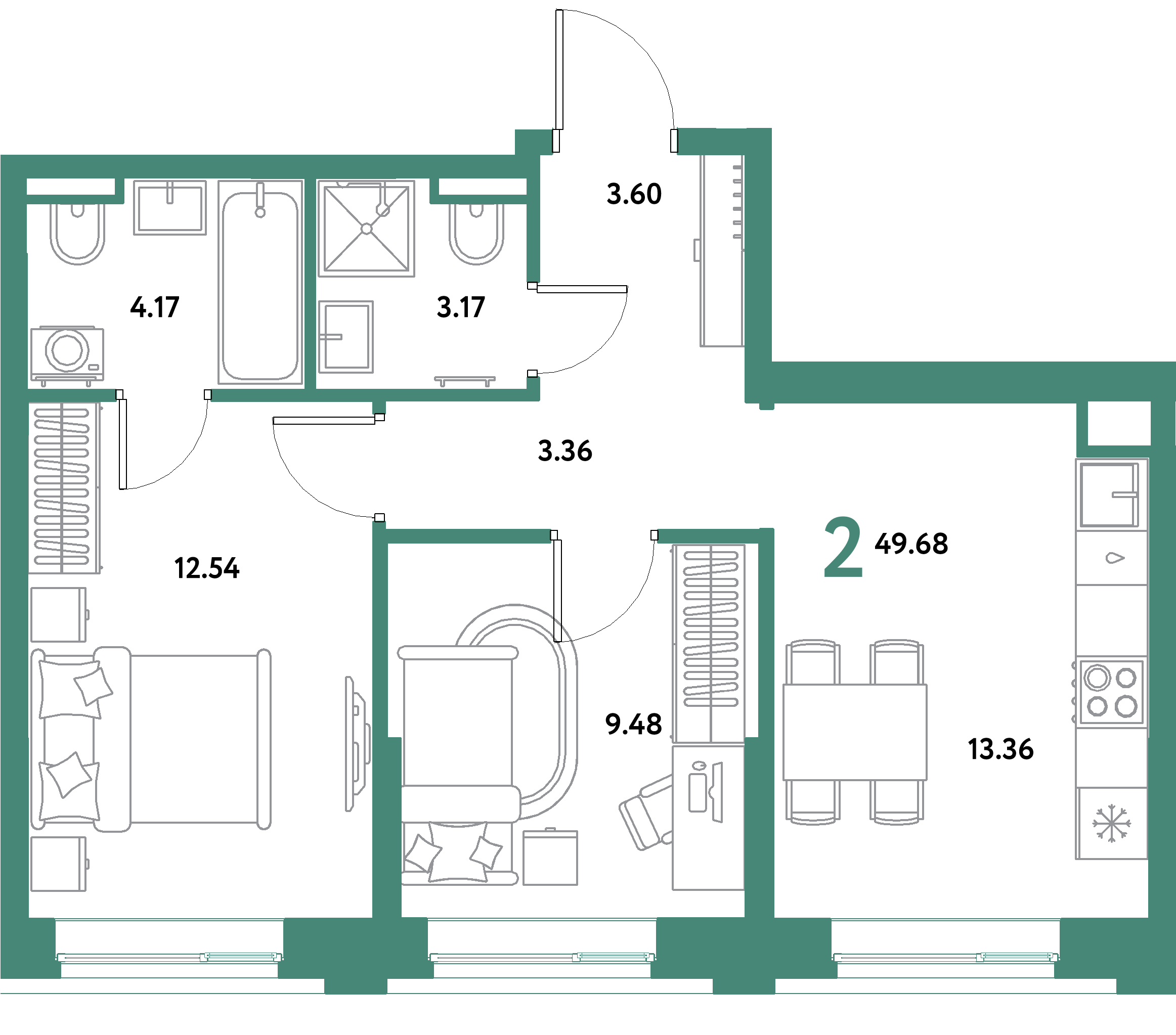 ЖК "Остров-сад"-2-комнатная 49.68 м²