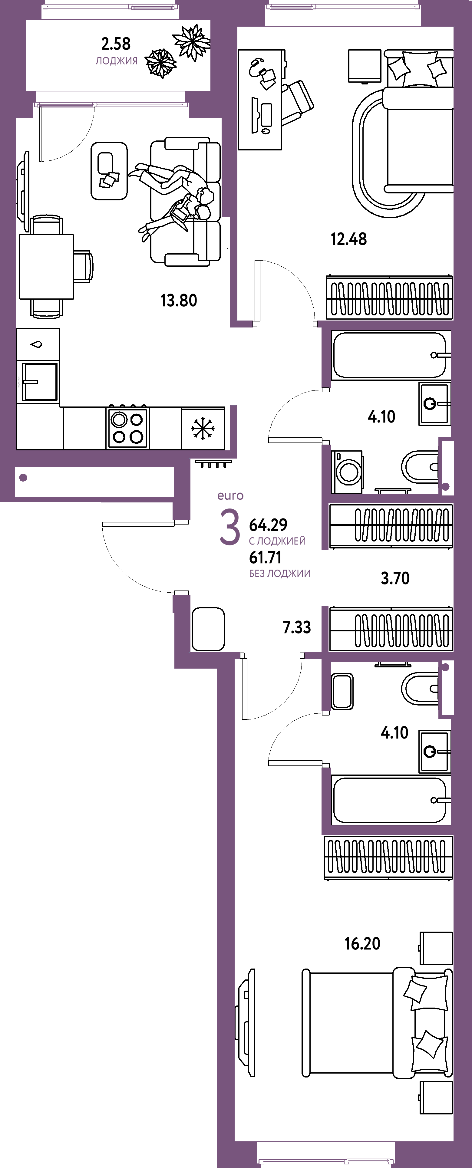 ЖК "Страна.Парковая"-3-комнатная 64.29 м²