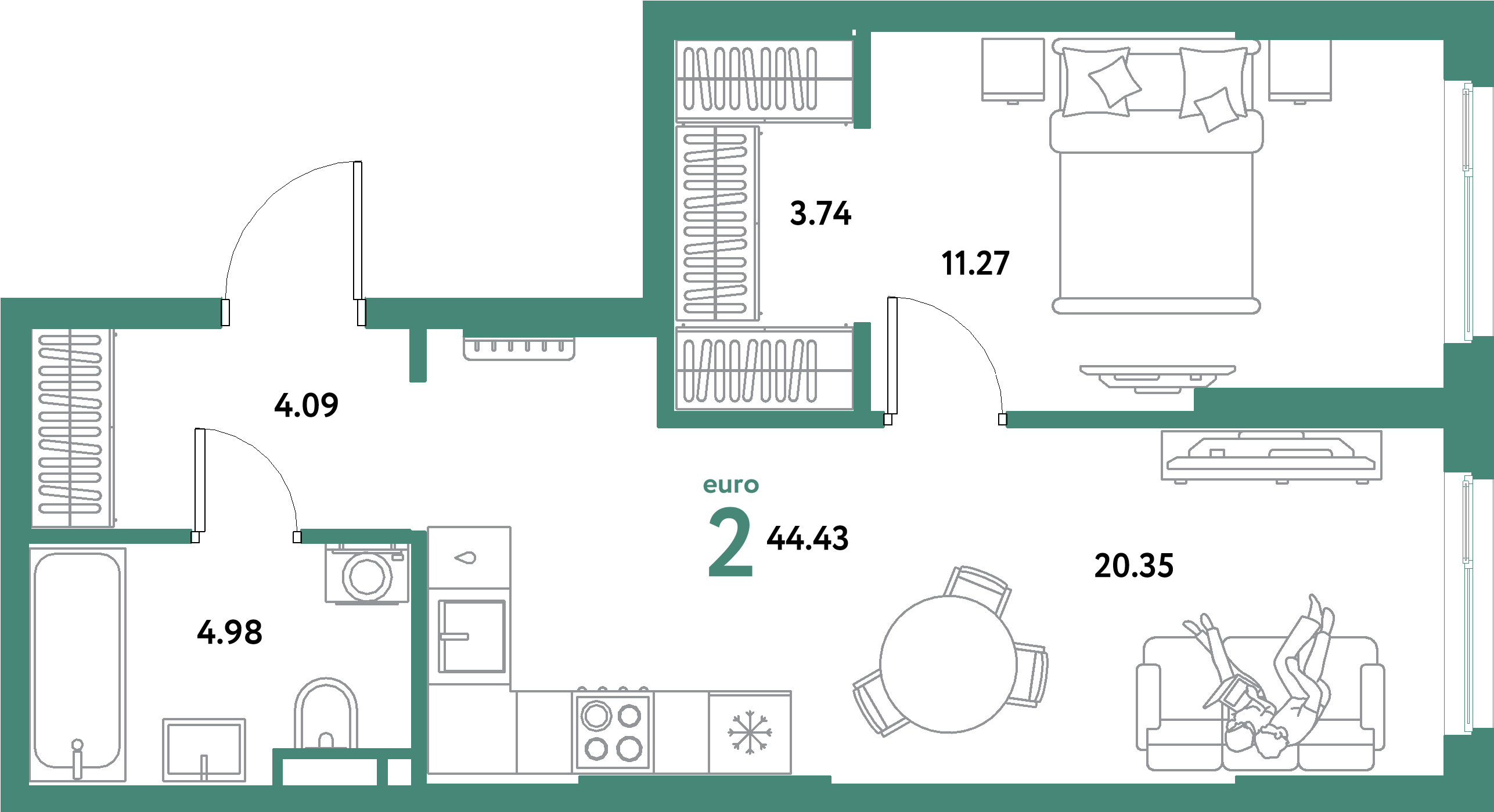 ЖК "Остров-сад"-2-комнатная 44.43 м²