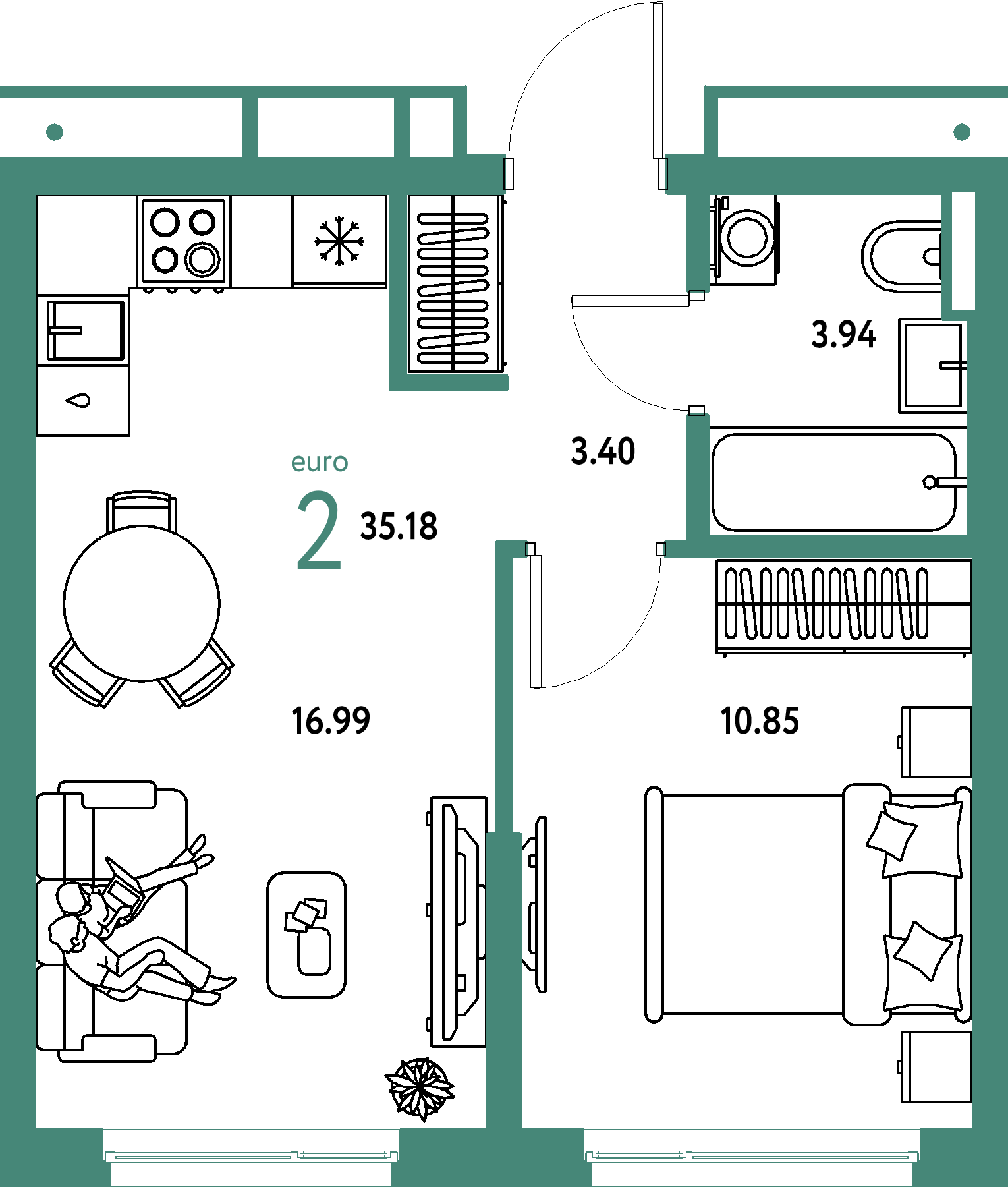 ЖК "Страна.Парковая"-2-комнатная 35.18 м²