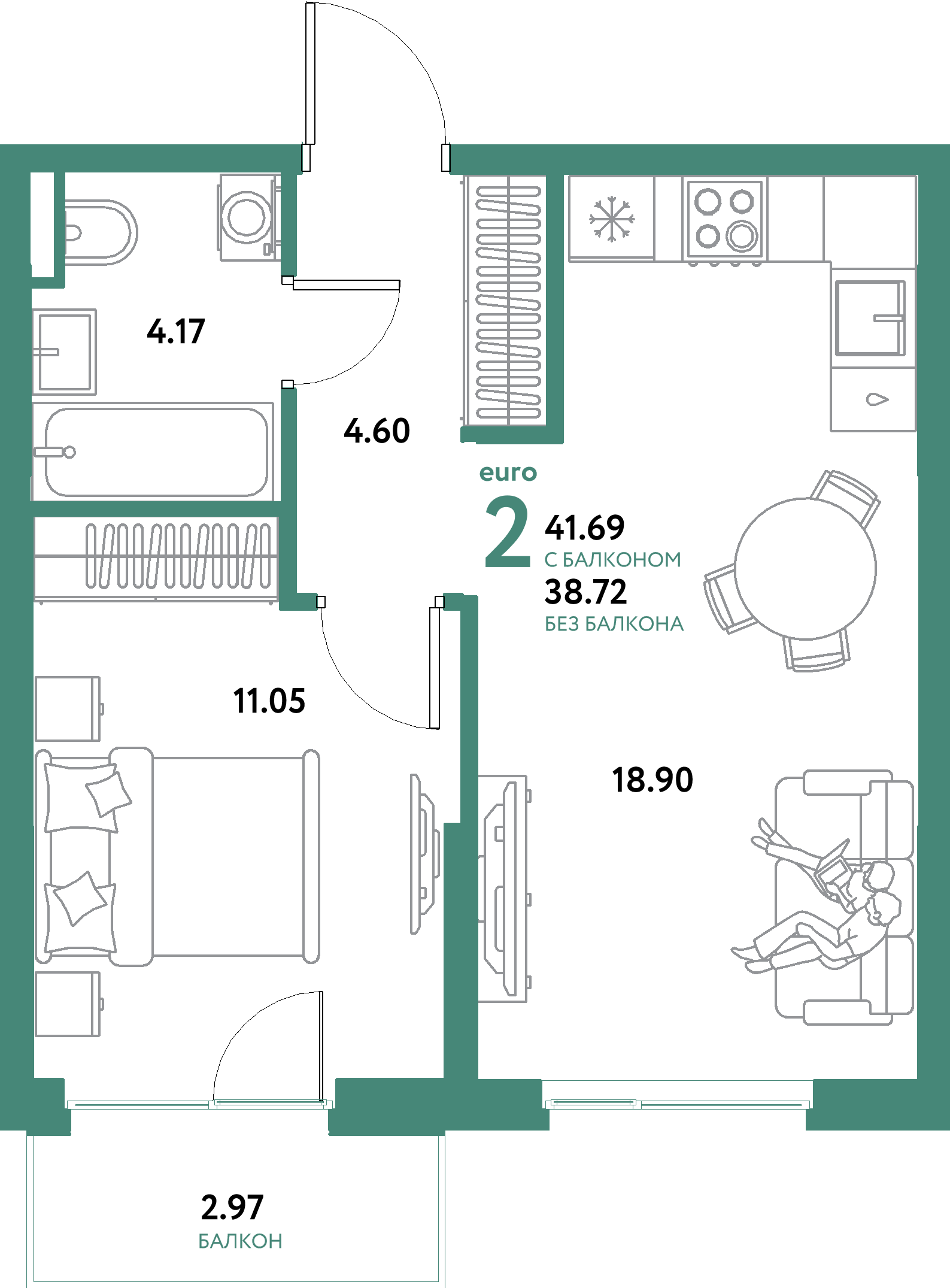 ЖК "Остров-сад"-2-комнатная 41.69 м²
