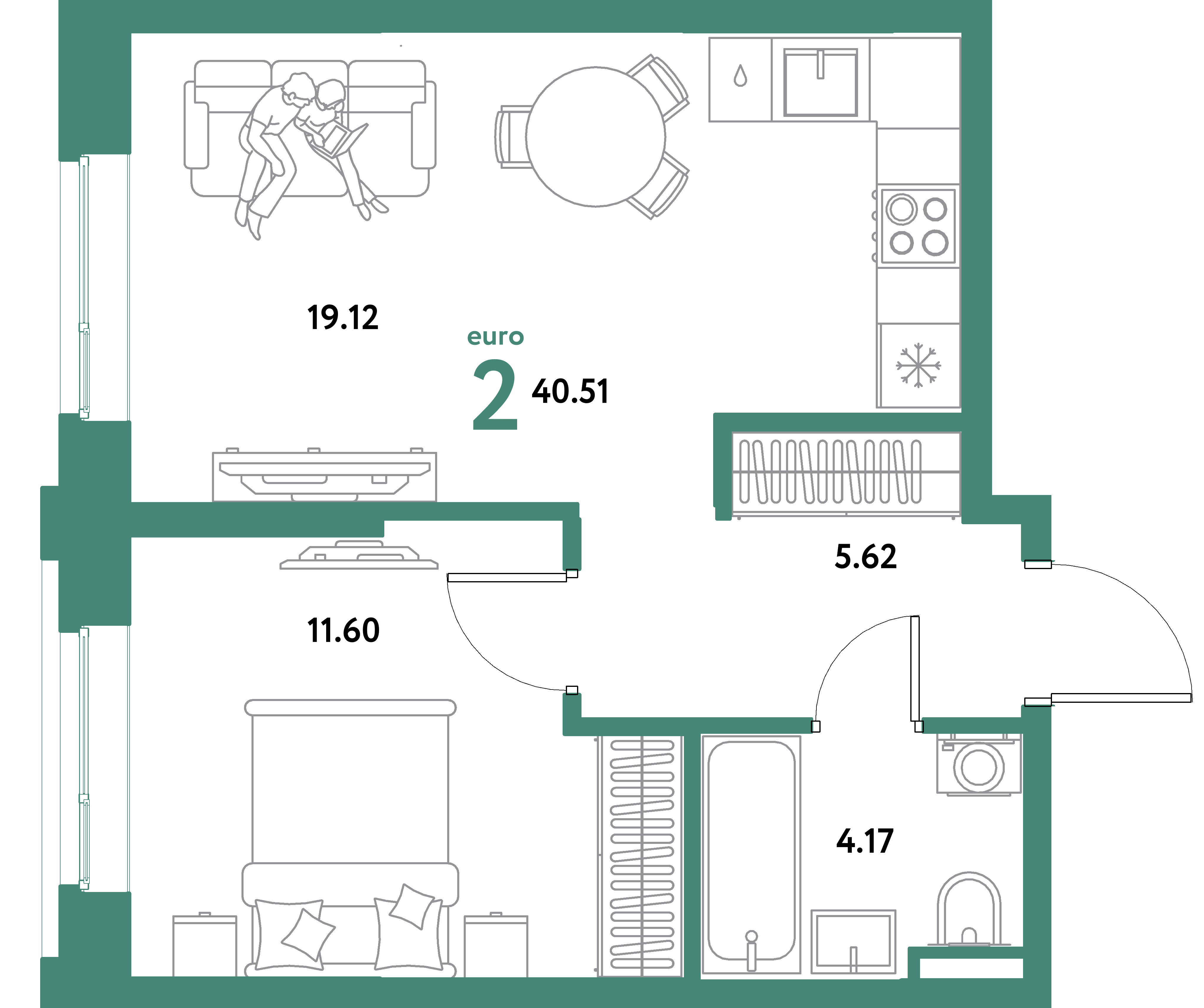 ЖК "Остров-сад"-2-комнатная 40.51 м²