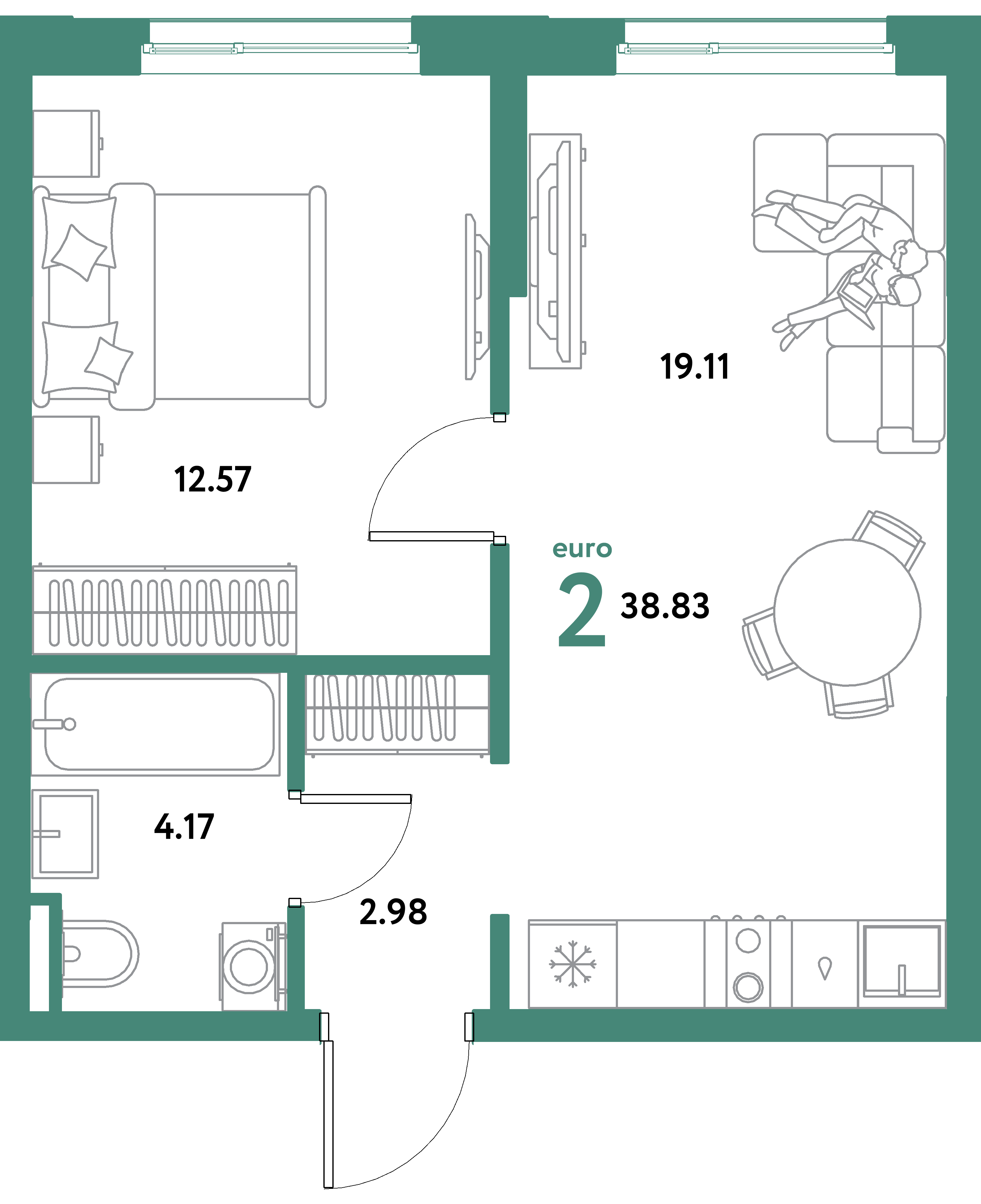 ЖК "Остров-сад"-2-комнатная 38.83 м²