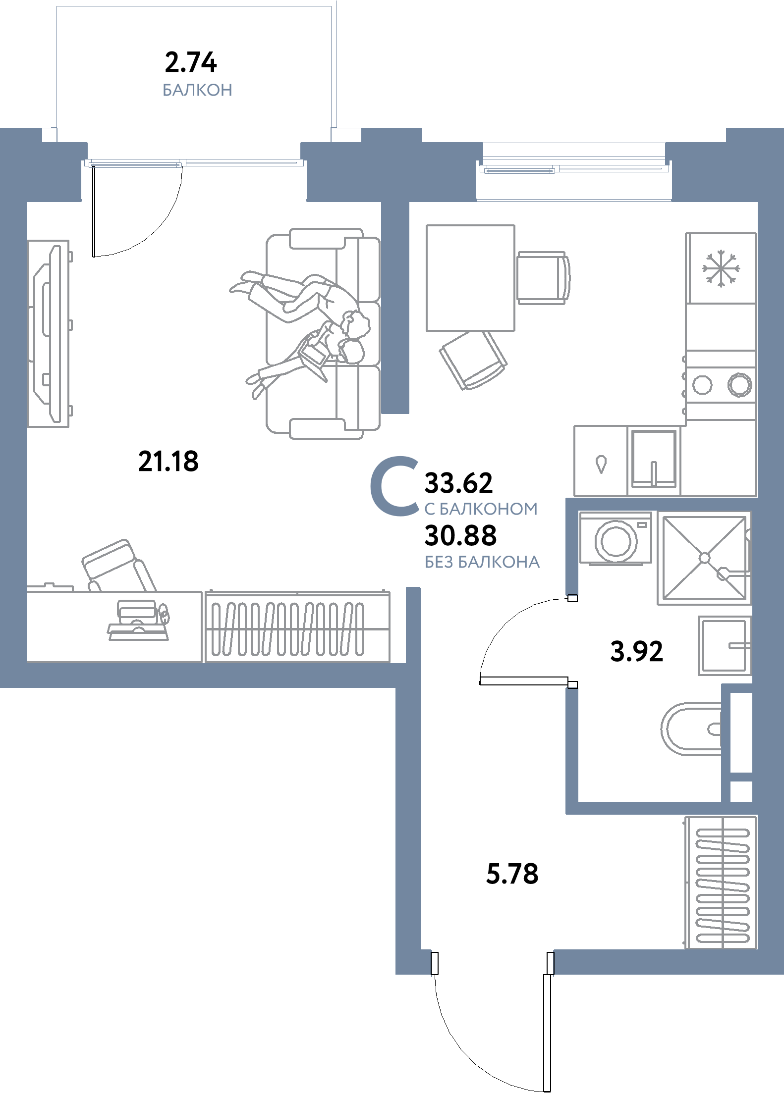 ЖК "Остров-сад"-Студия 33.62 м²