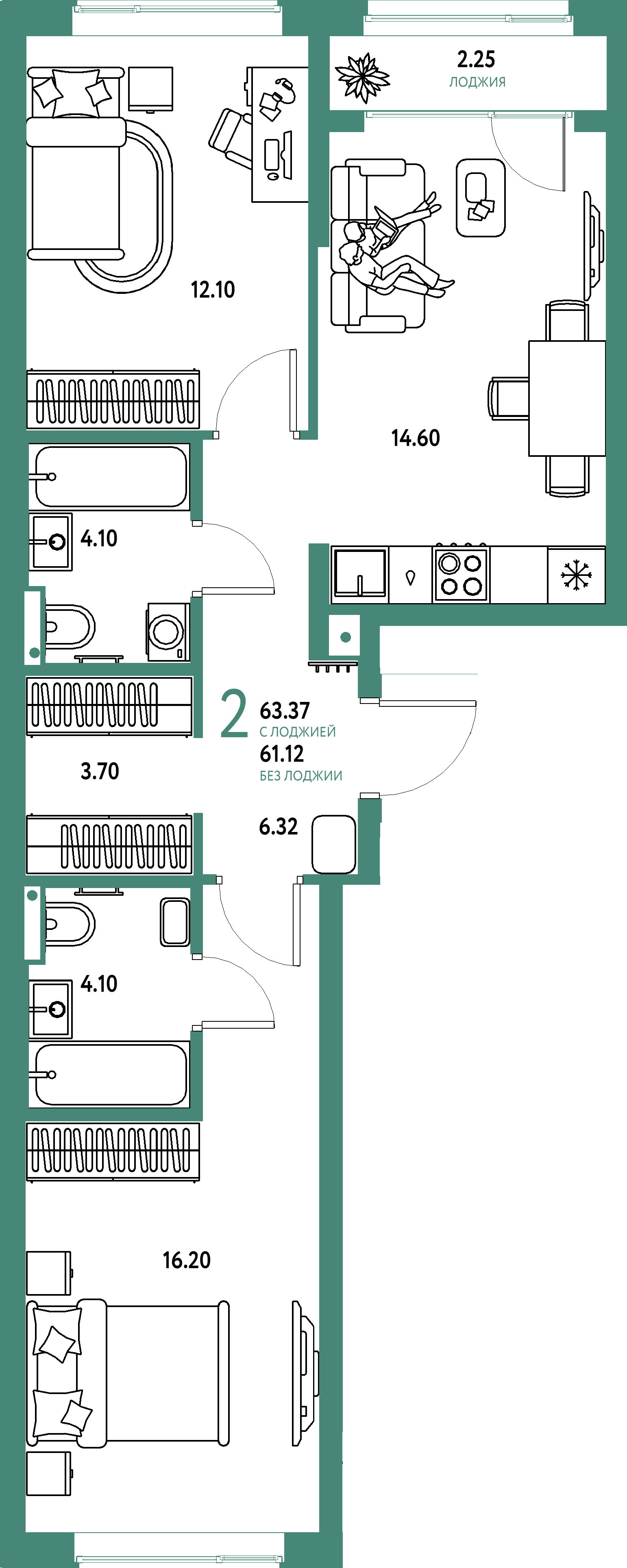ЖК "Страна.Парковая"-2-комнатная 63.37 м²