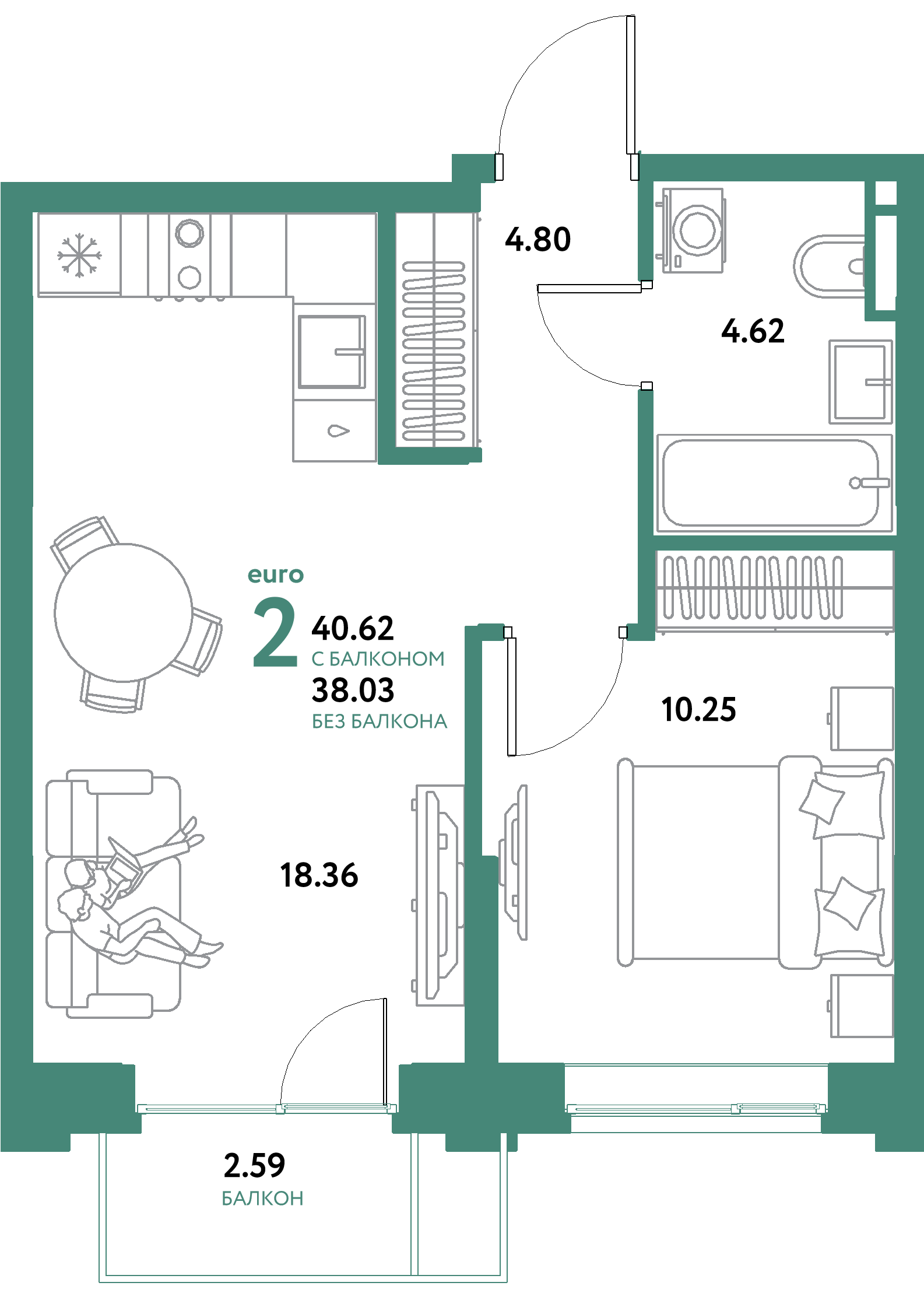 ЖК "Остров-сад"-2-комнатная 40.62 м²