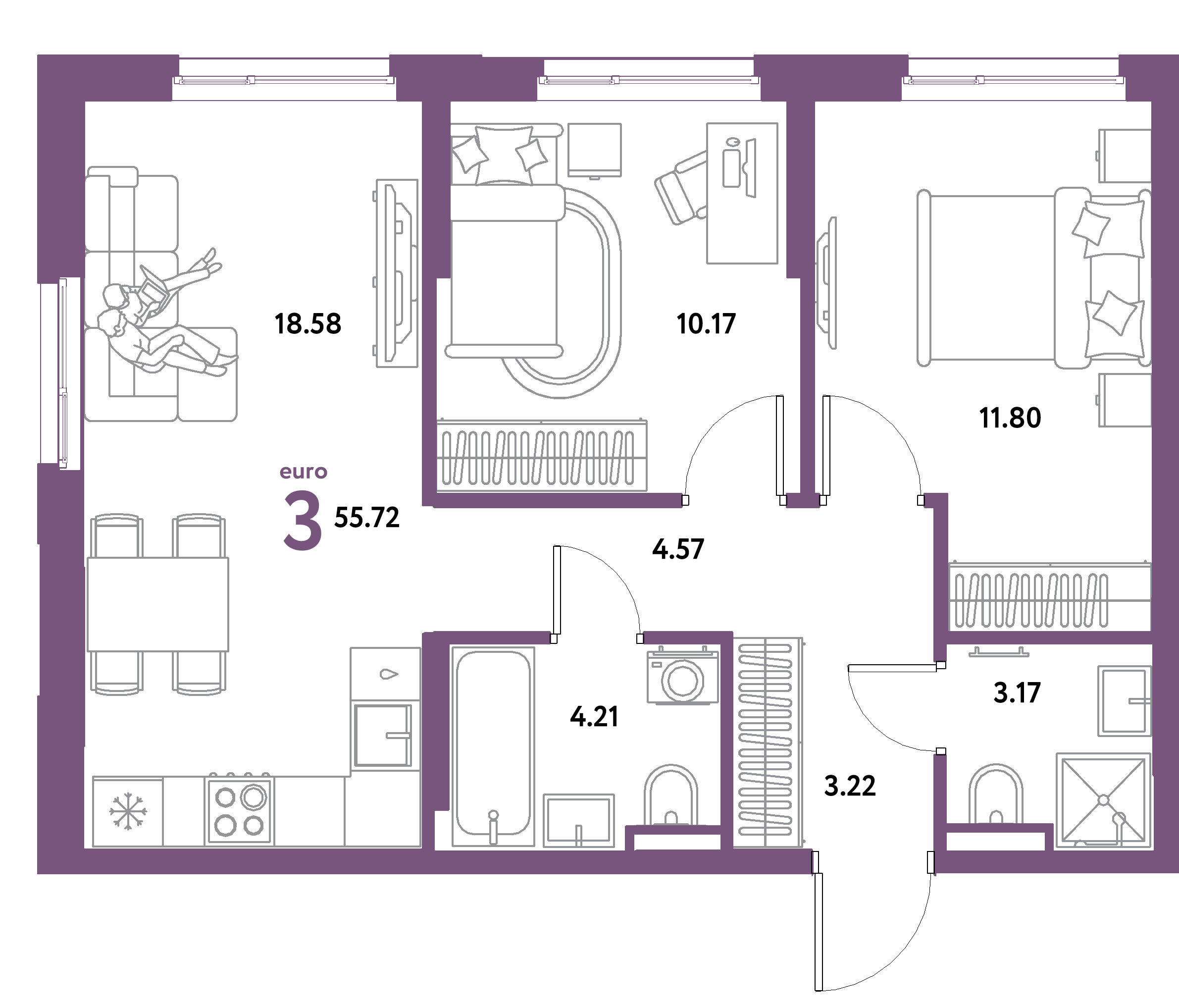 ЖК "Остров-сад"-3-комнатная 55.72 м²