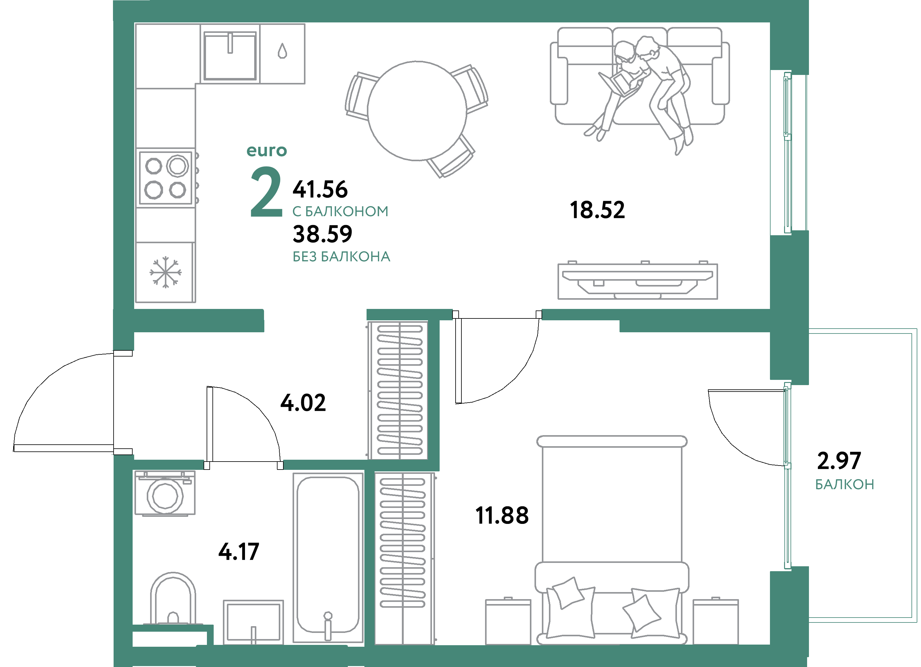 ЖК "Остров-сад"-2-комнатная 41.56 м²