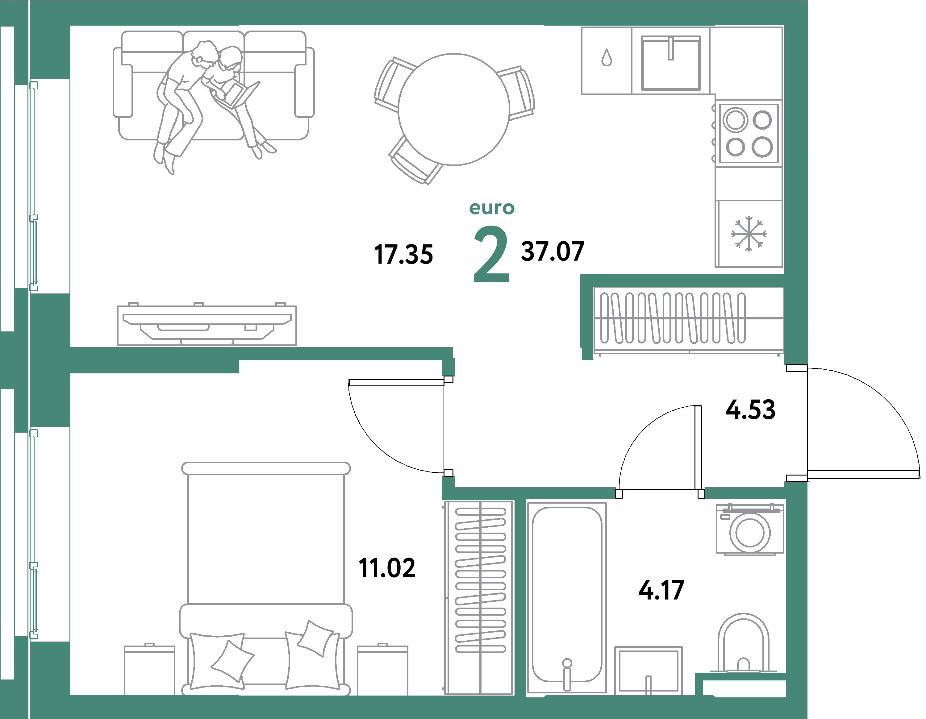 ЖК "Остров-сад"-2-комнатная 37.07 м²