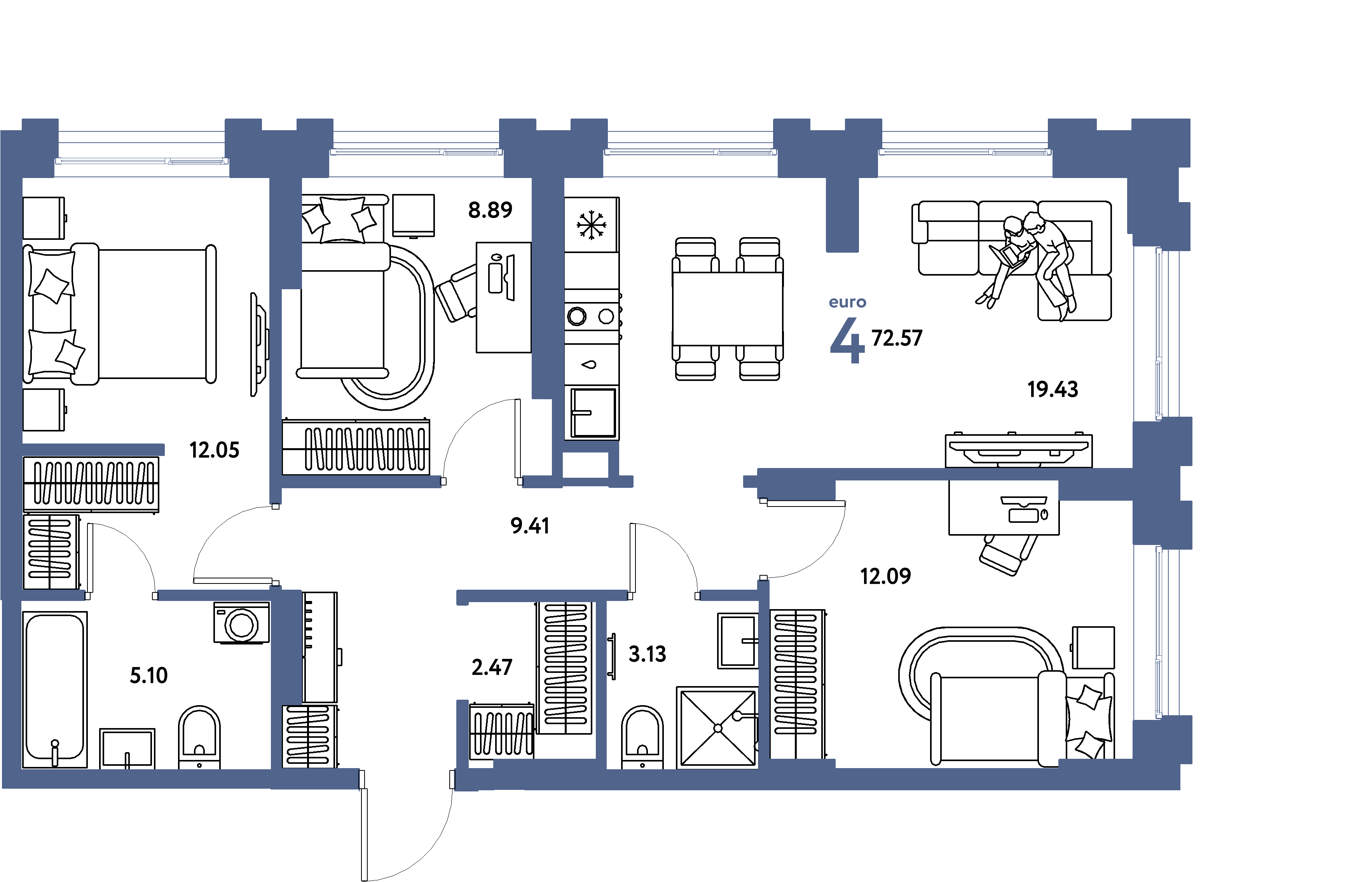 Планировка: 4-комнатная евро 72.6 м² в ЖК Европейский берег 2.0, Европейский