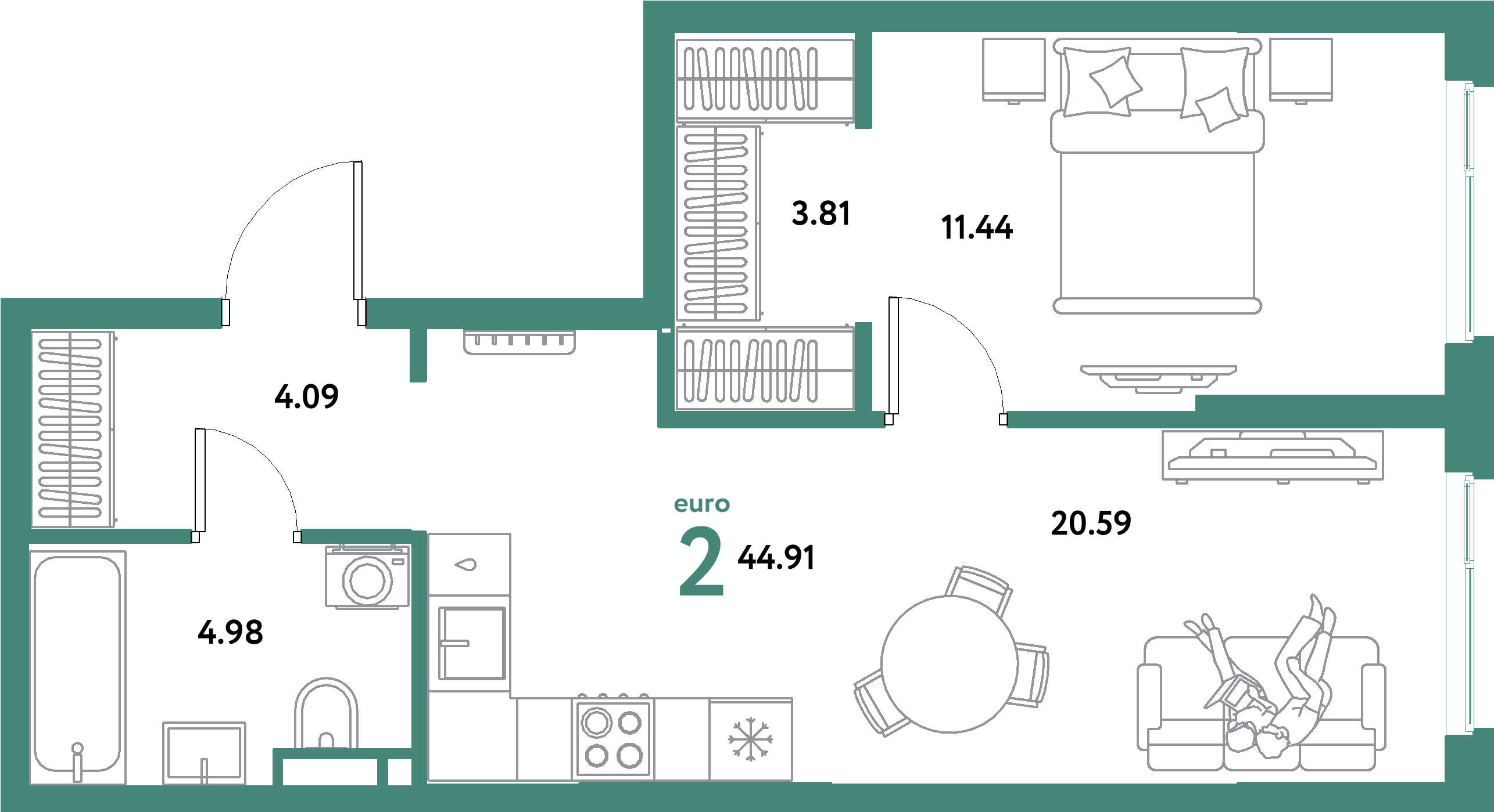 ЖК "Остров-сад"-2-комнатная 44.91 м²