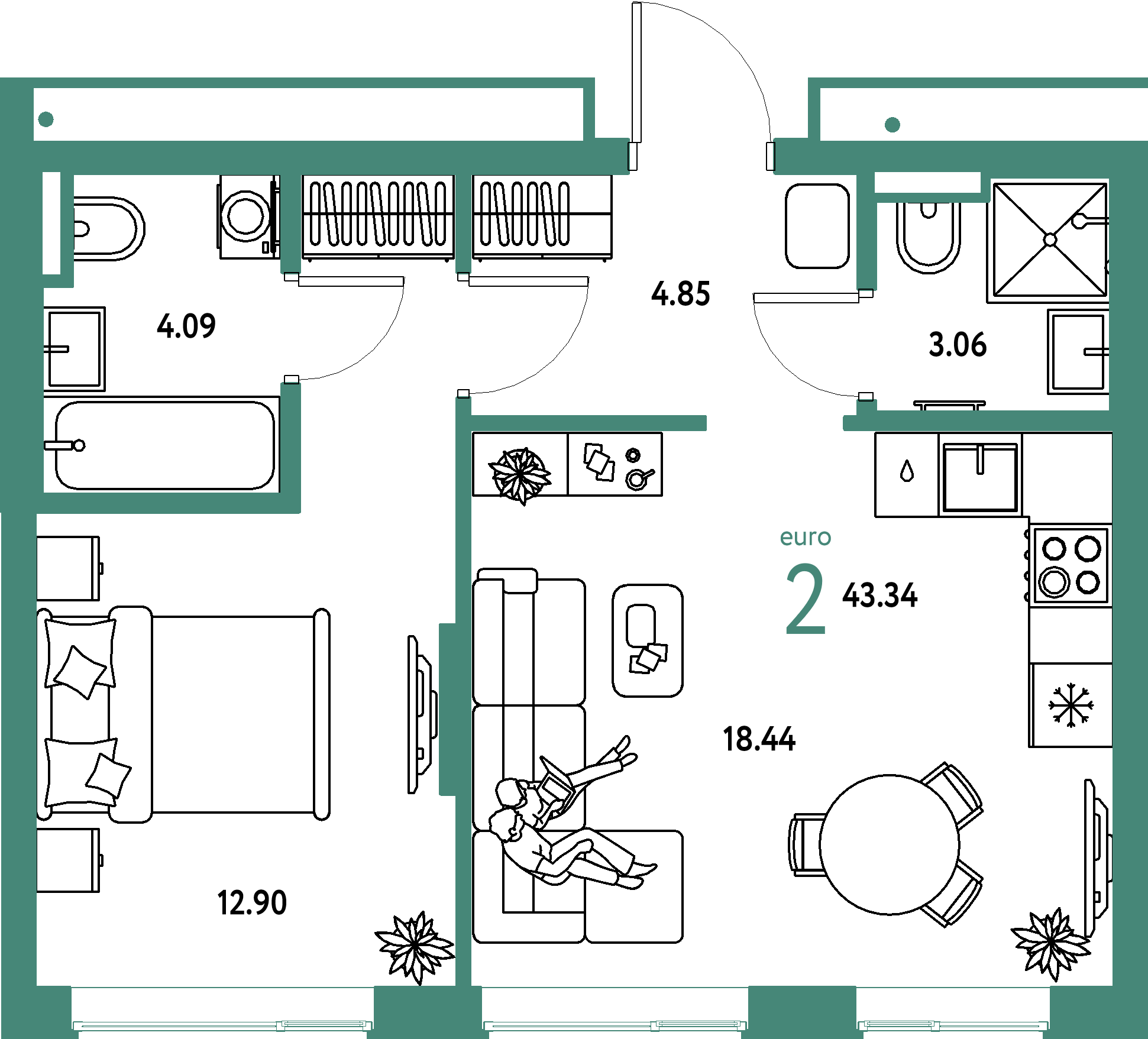 ЖК "Страна.Парковая"-2-комнатная 43.34 м²