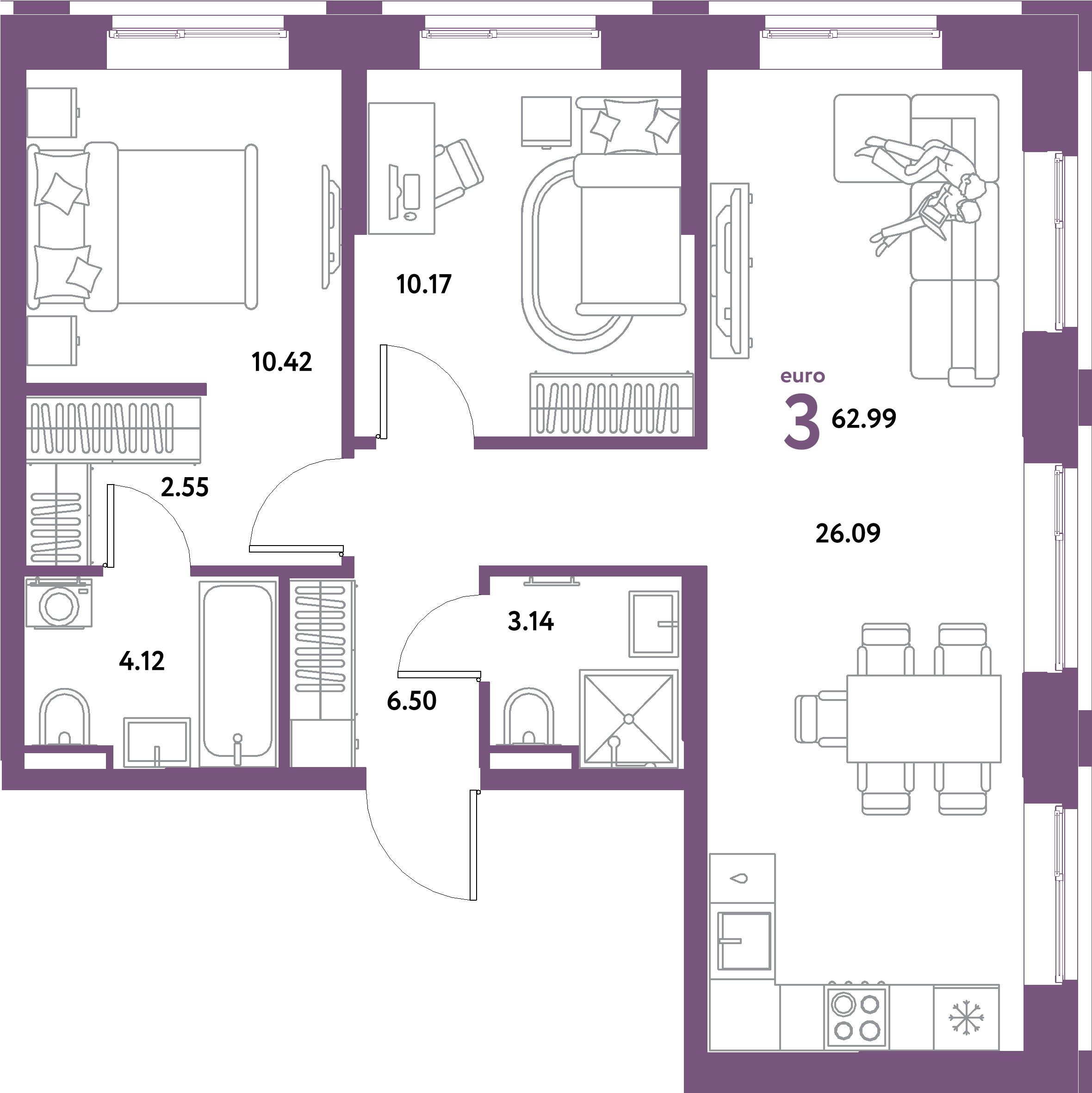 ЖК "Остров-сад"-3-комнатная 62.99 м²