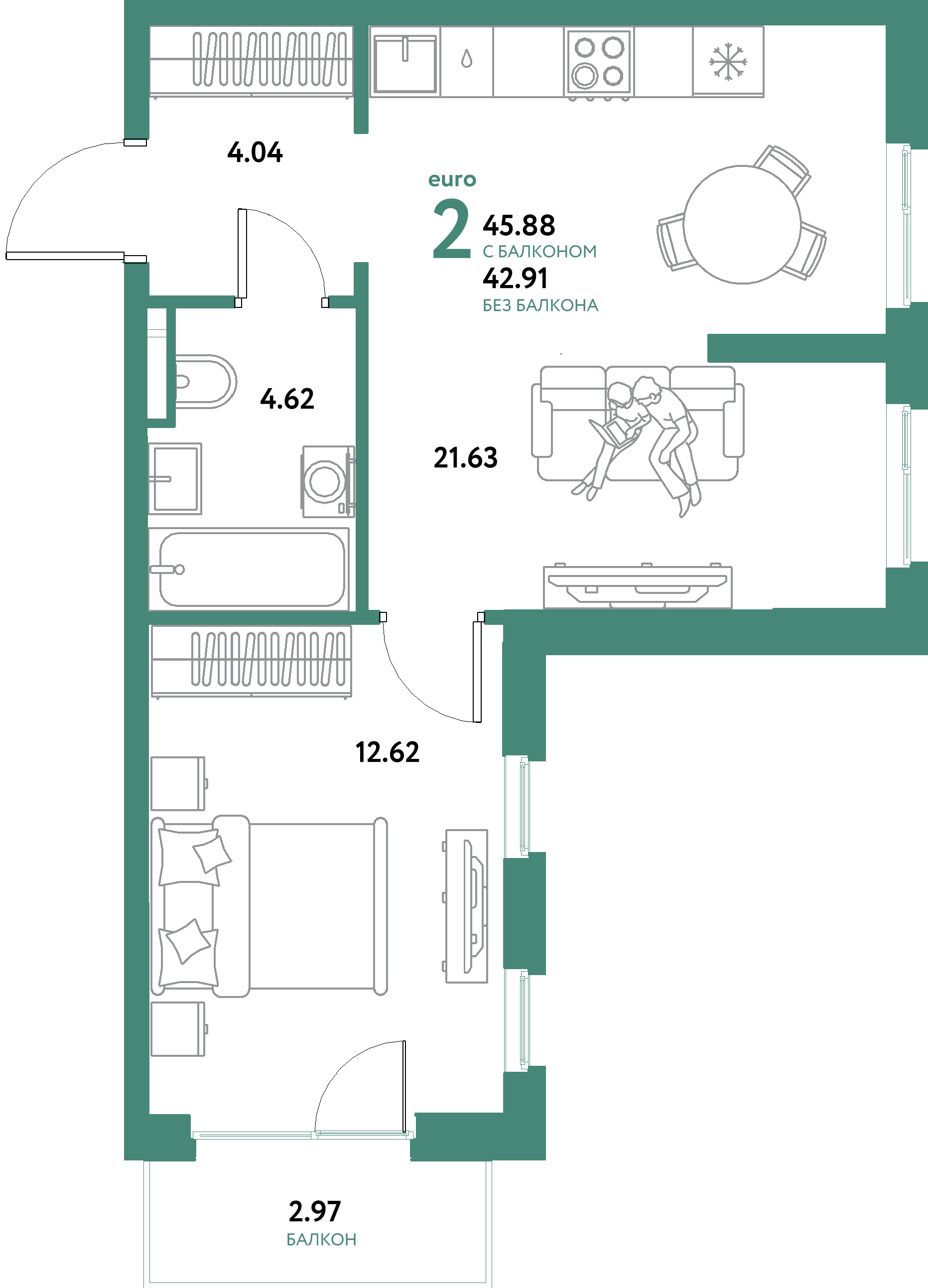 ЖК "Остров-сад"-2-комнатная 45.88 м²