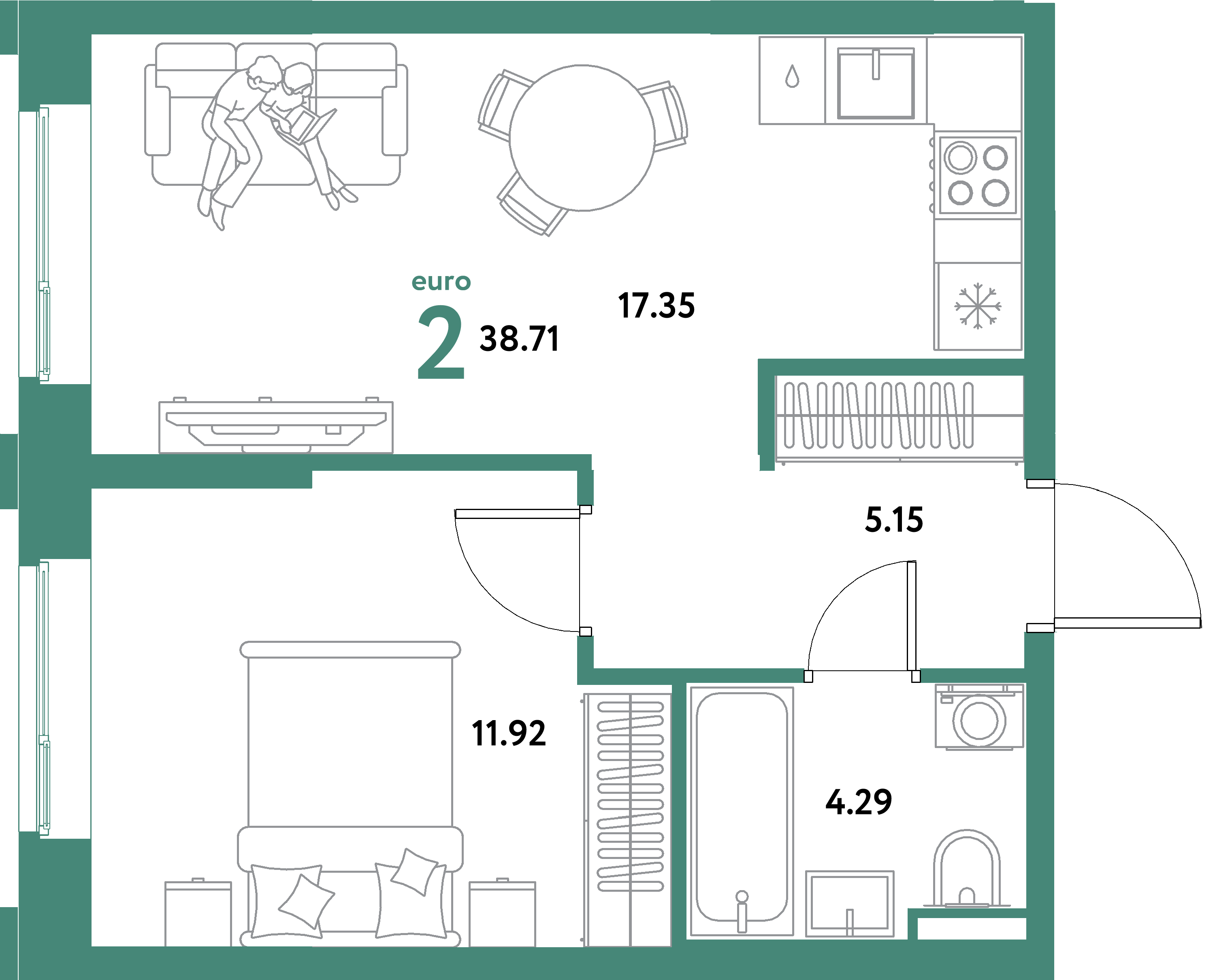 ЖК "Остров-сад"-2-комнатная 38.71 м²