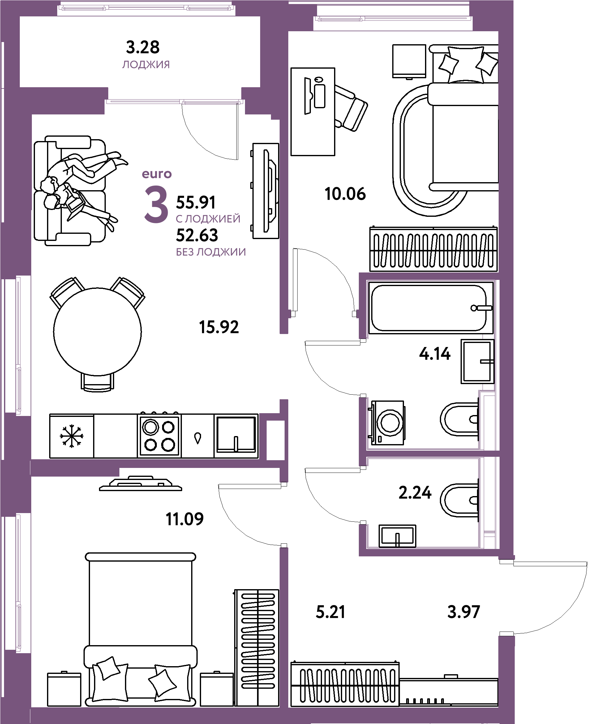 Планировка: Евротрешка 55.9 м² в ЖК Домашний, Плеханово