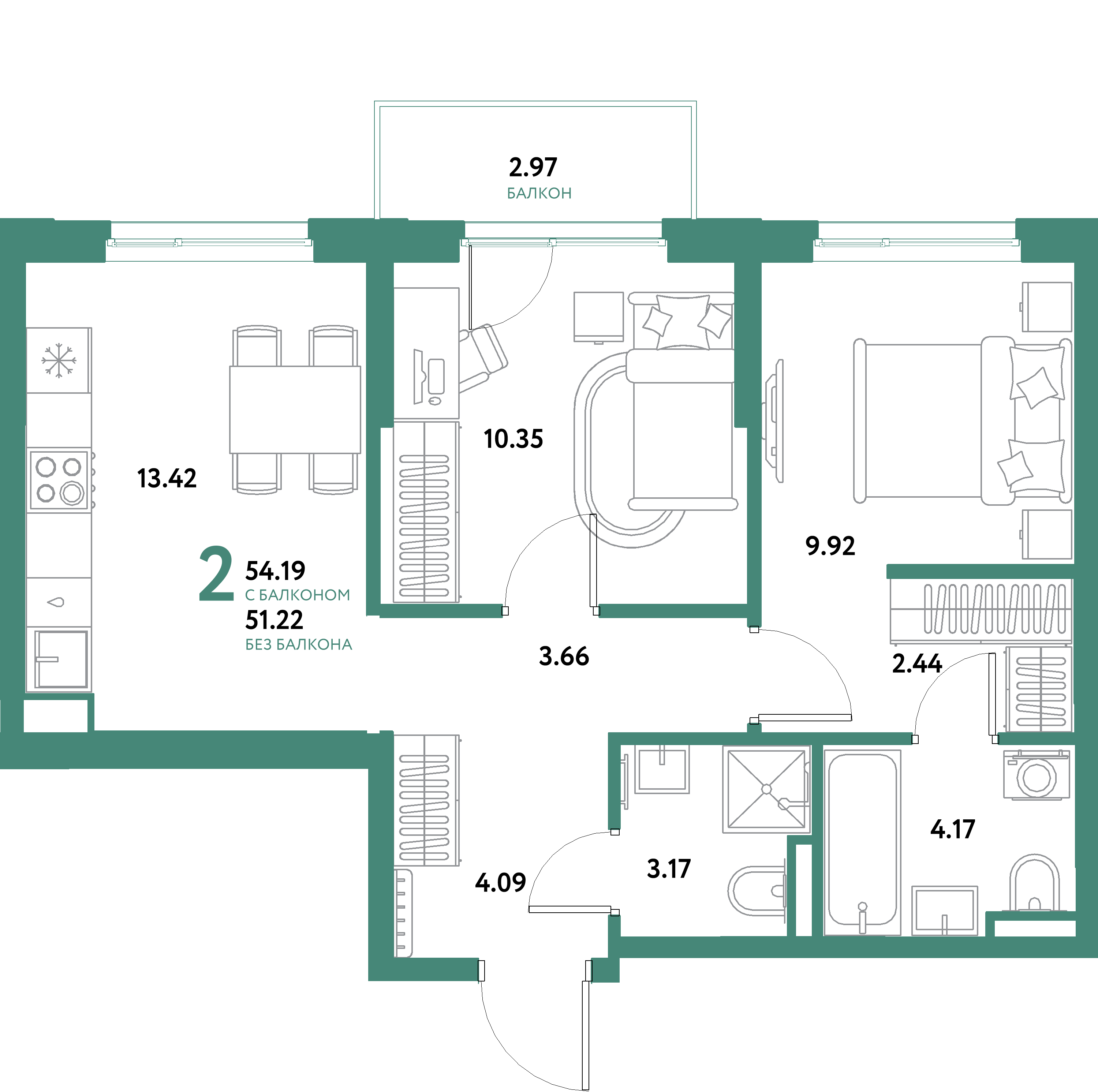 ЖК "Остров-сад"-2-комнатная 54.19 м²