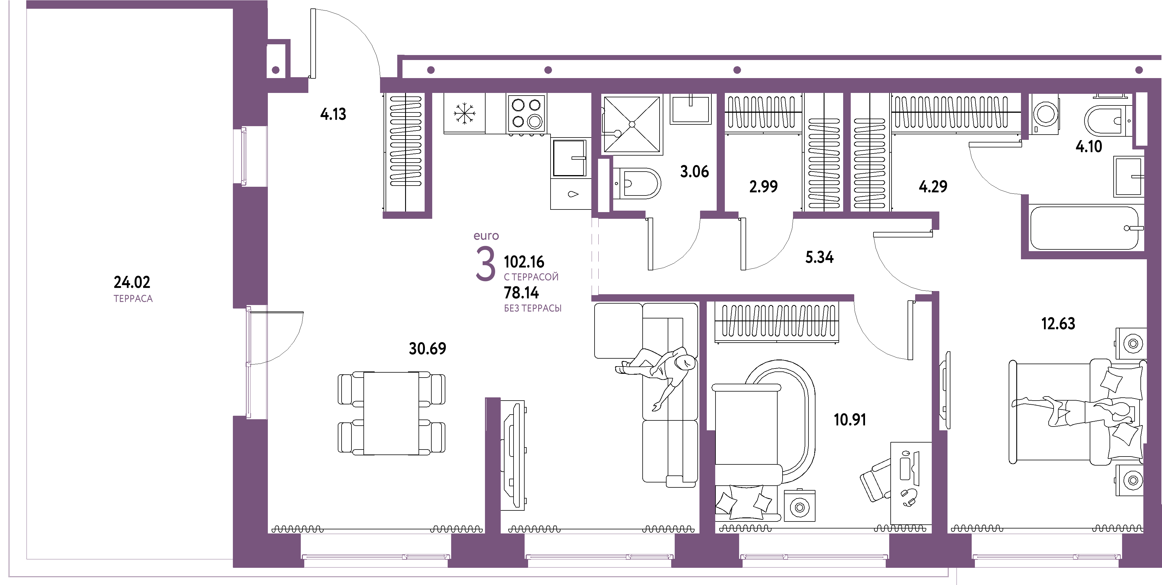 ЖК "Домашний"-3-комнатная 102.16 м²