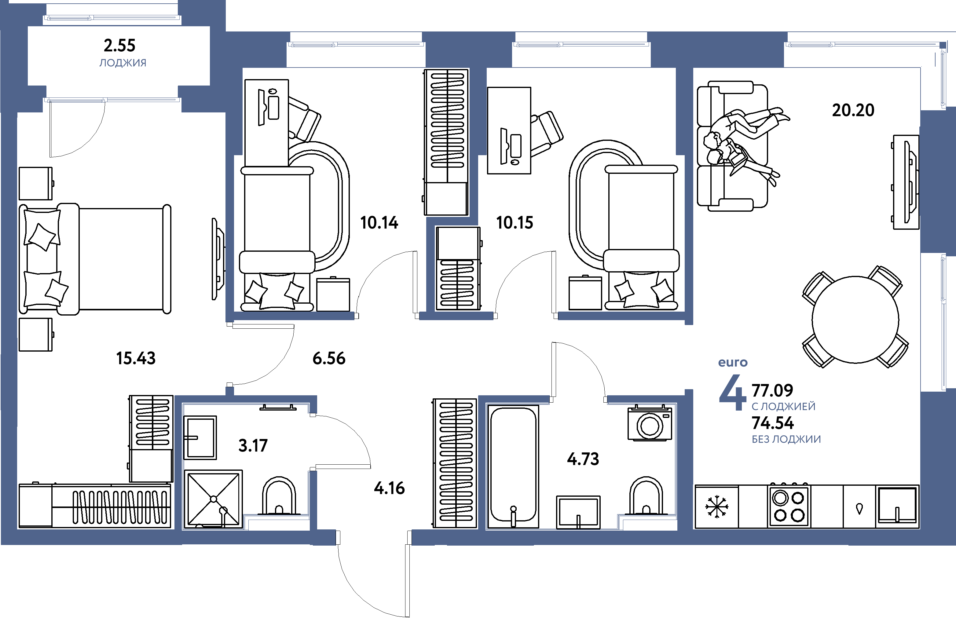 Планировка: 4-комнатная евро 77.1 м² в ЖК Домашний, Плеханово