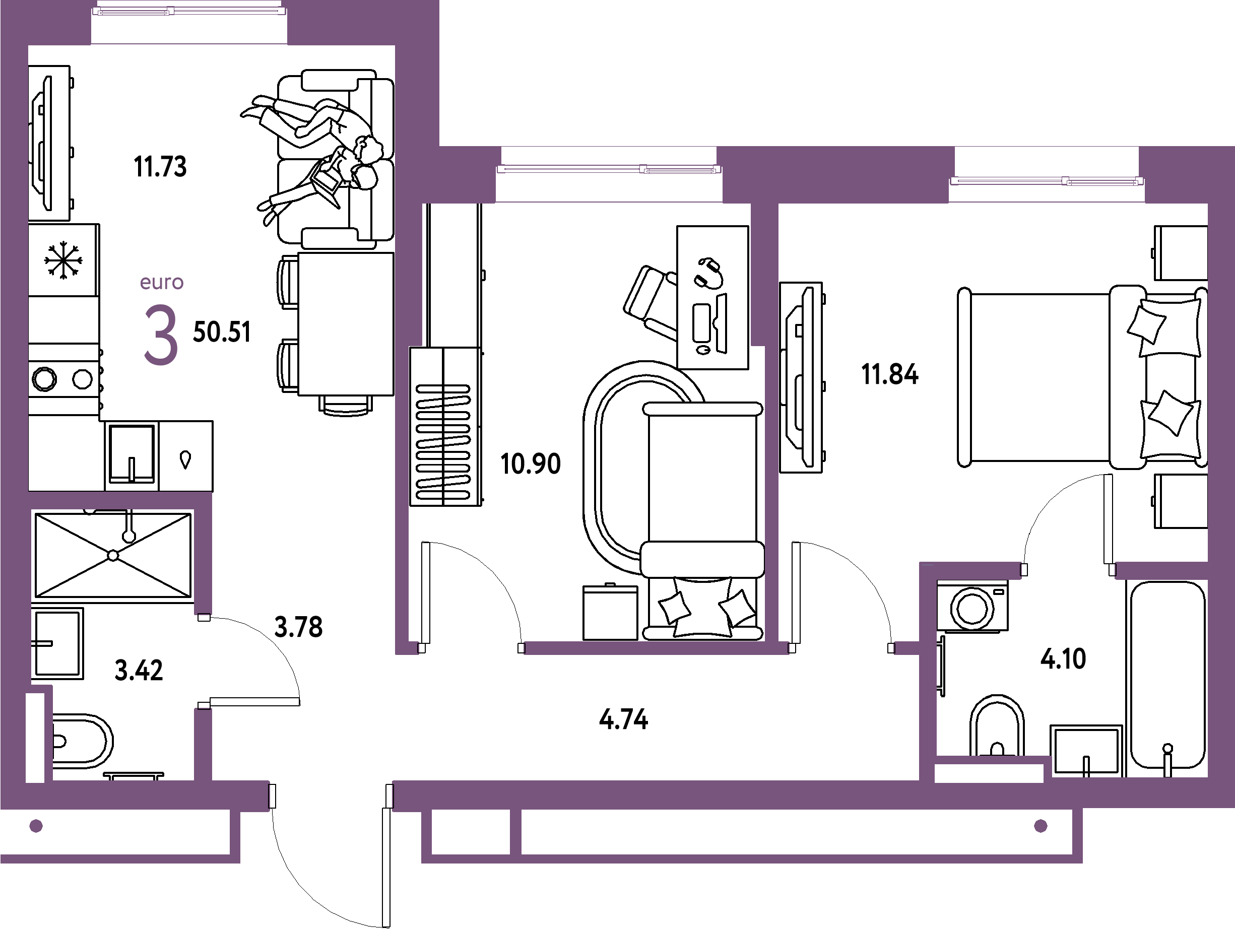ЖК "Страна.Парковая"-3-комнатная 50.51 м²