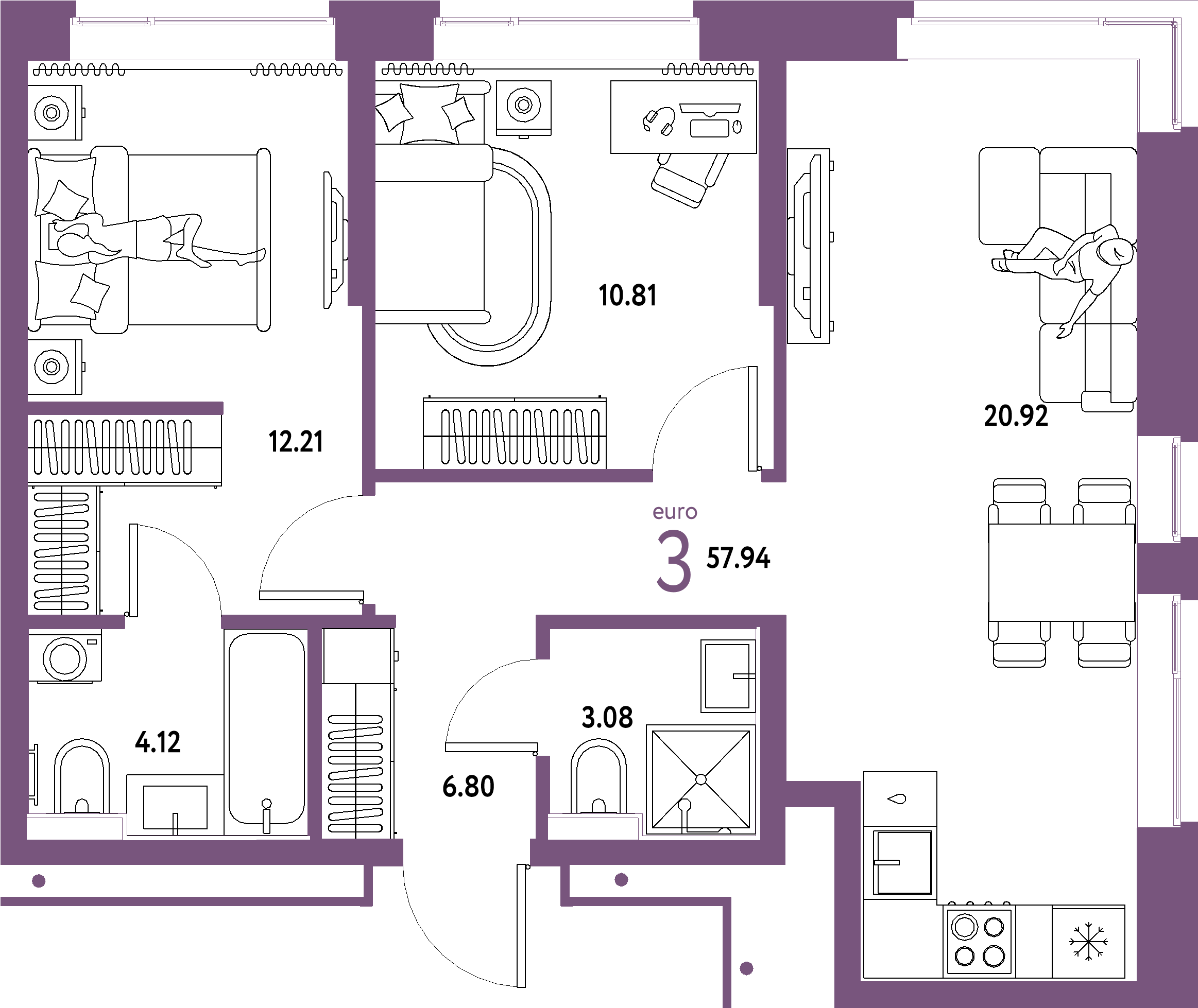 ЖК "Домашний"-3-комнатная 57.94 м²