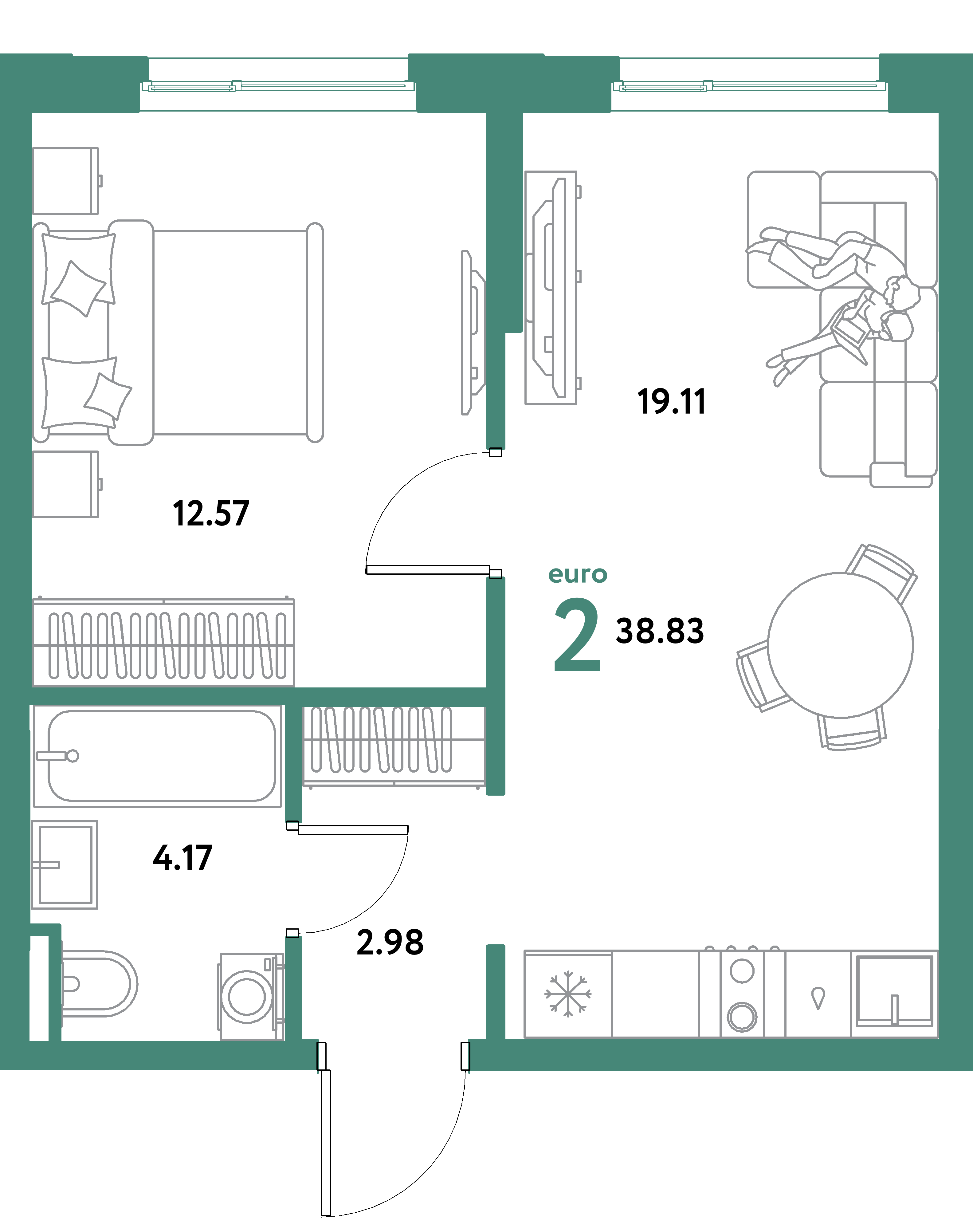 ЖК "Остров-сад"-2-комнатная 38.83 м²
