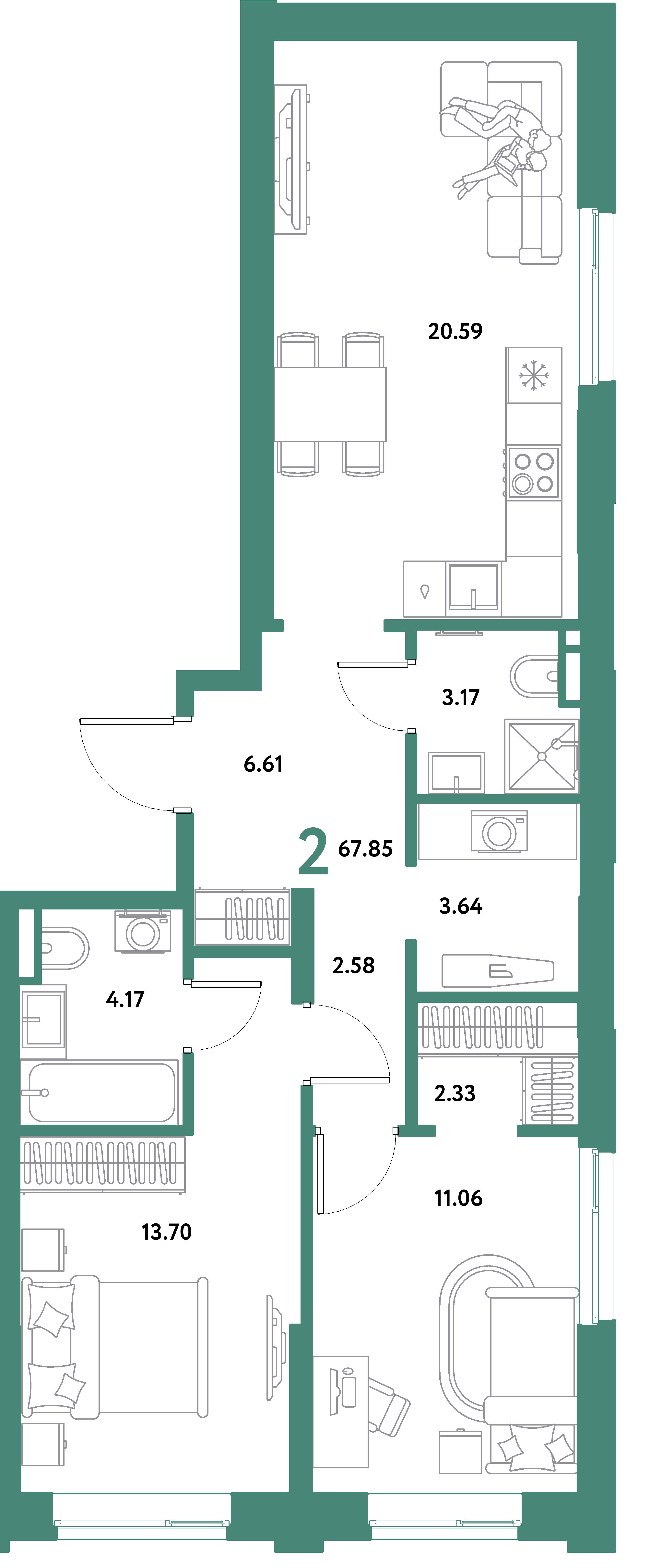 ЖК "Остров-сад"-2-комнатная 67.85 м²