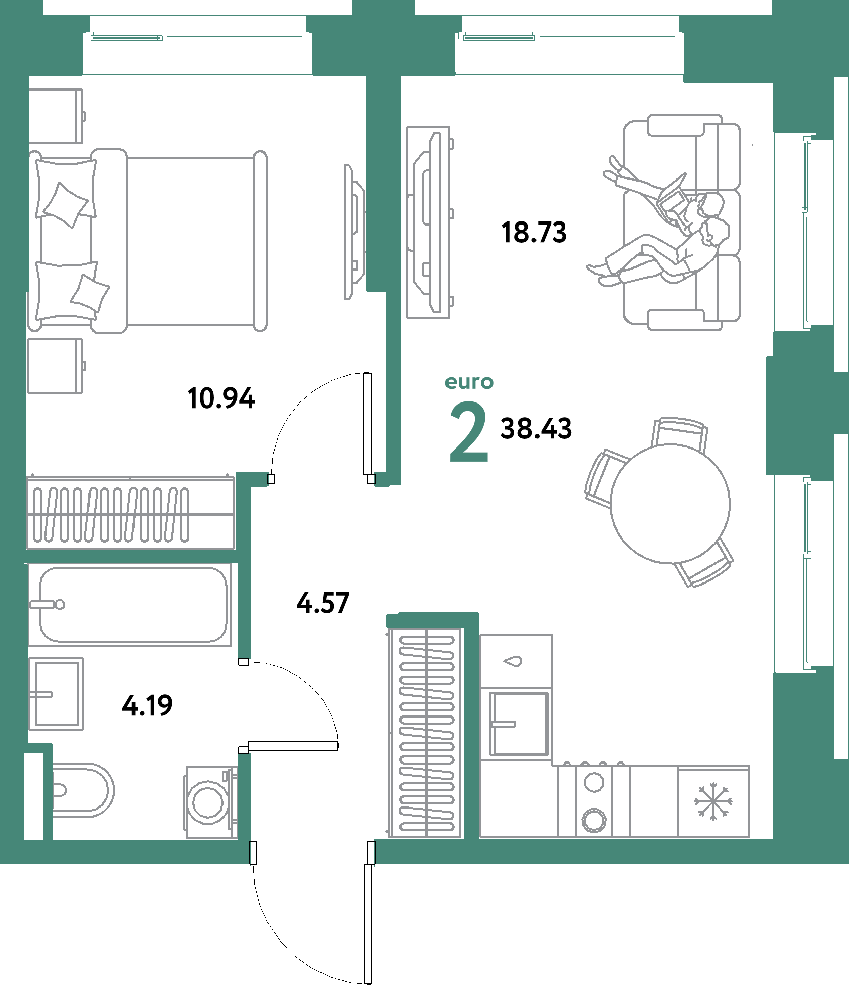 ЖК "Остров-сад"-2-комнатная 38.43 м²