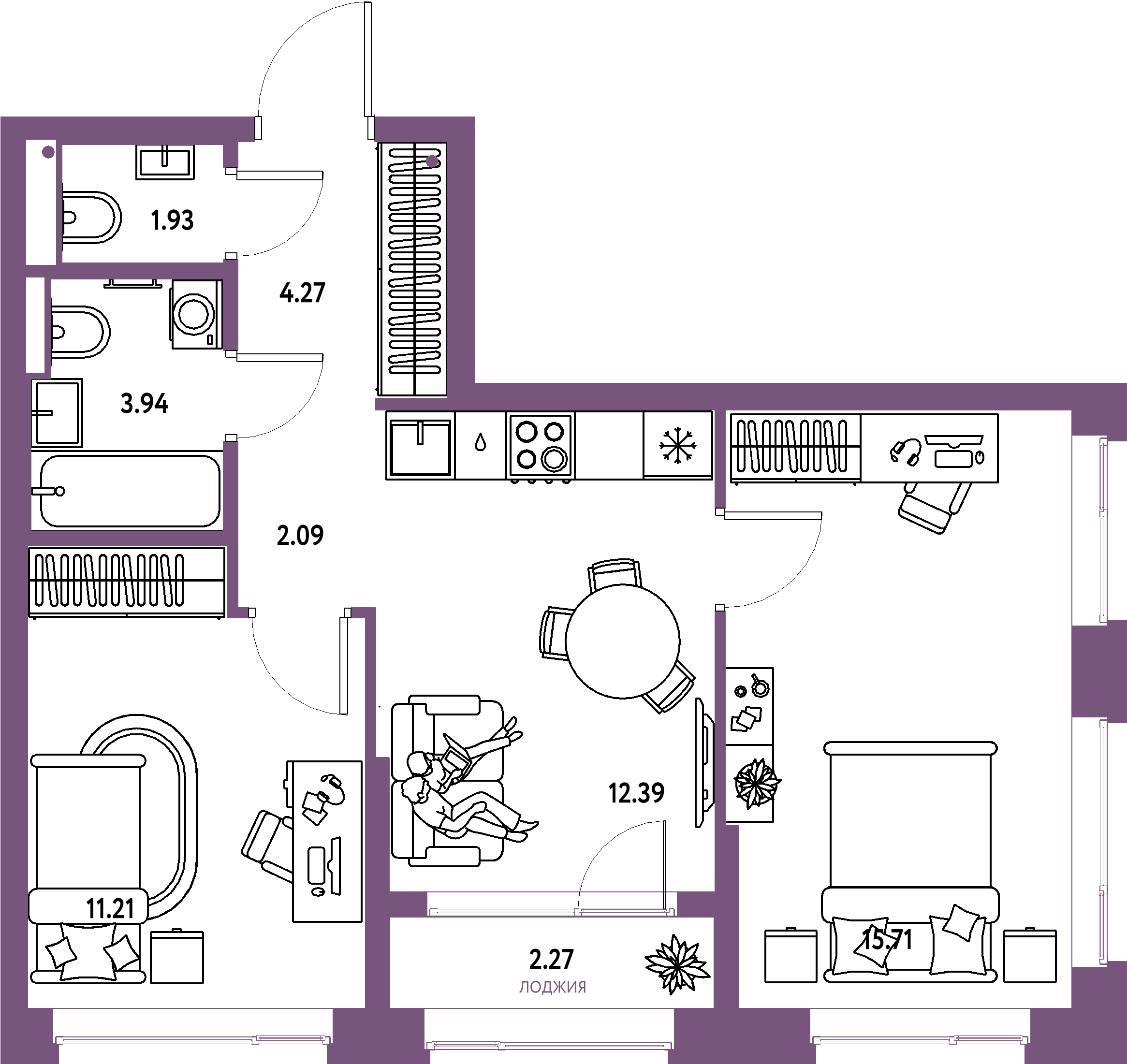 ЖК "Страна.Парковая"-3-комнатная 53.81 м²