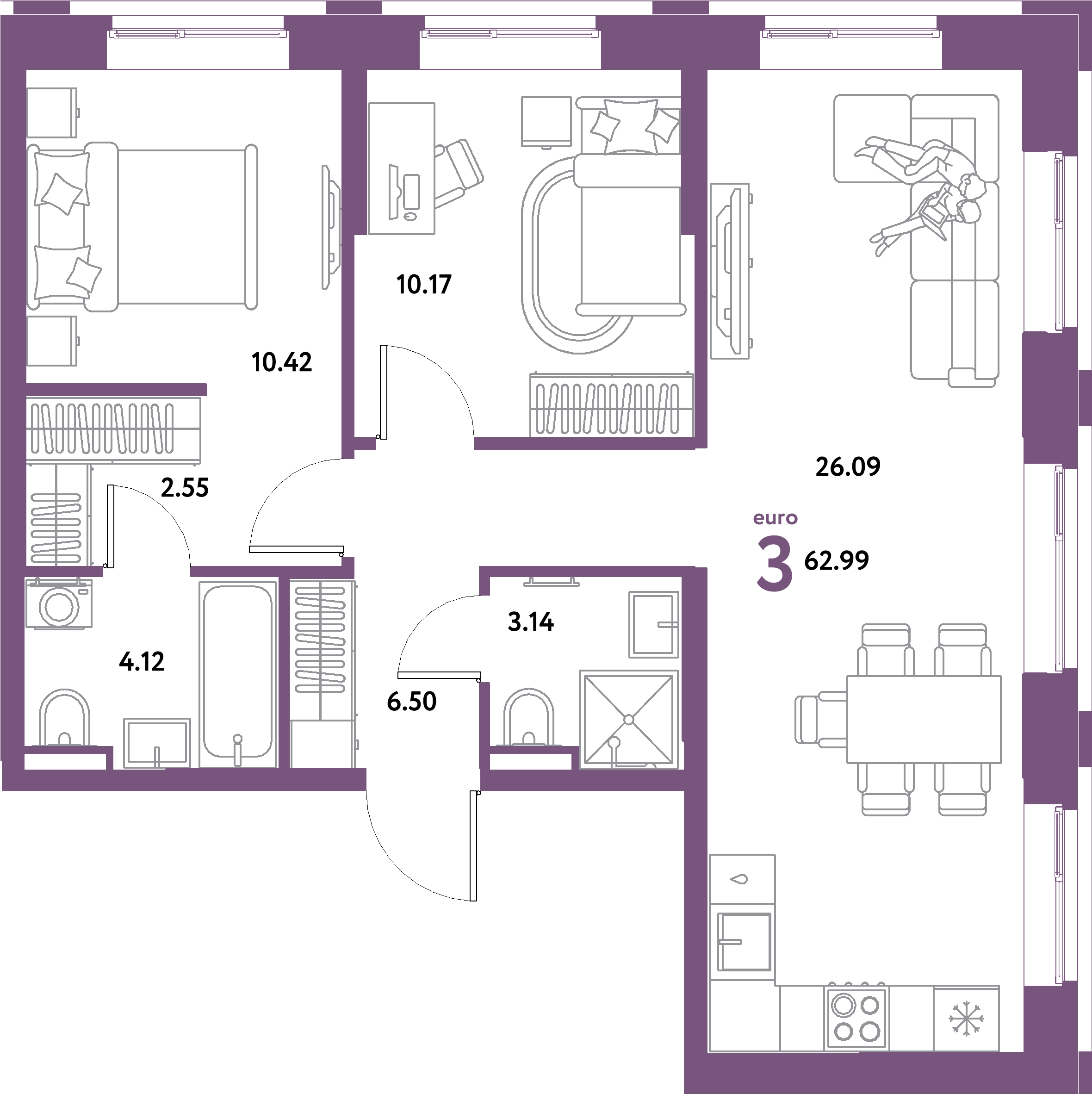 ЖК "Остров-сад"-3-комнатная 62.99 м²