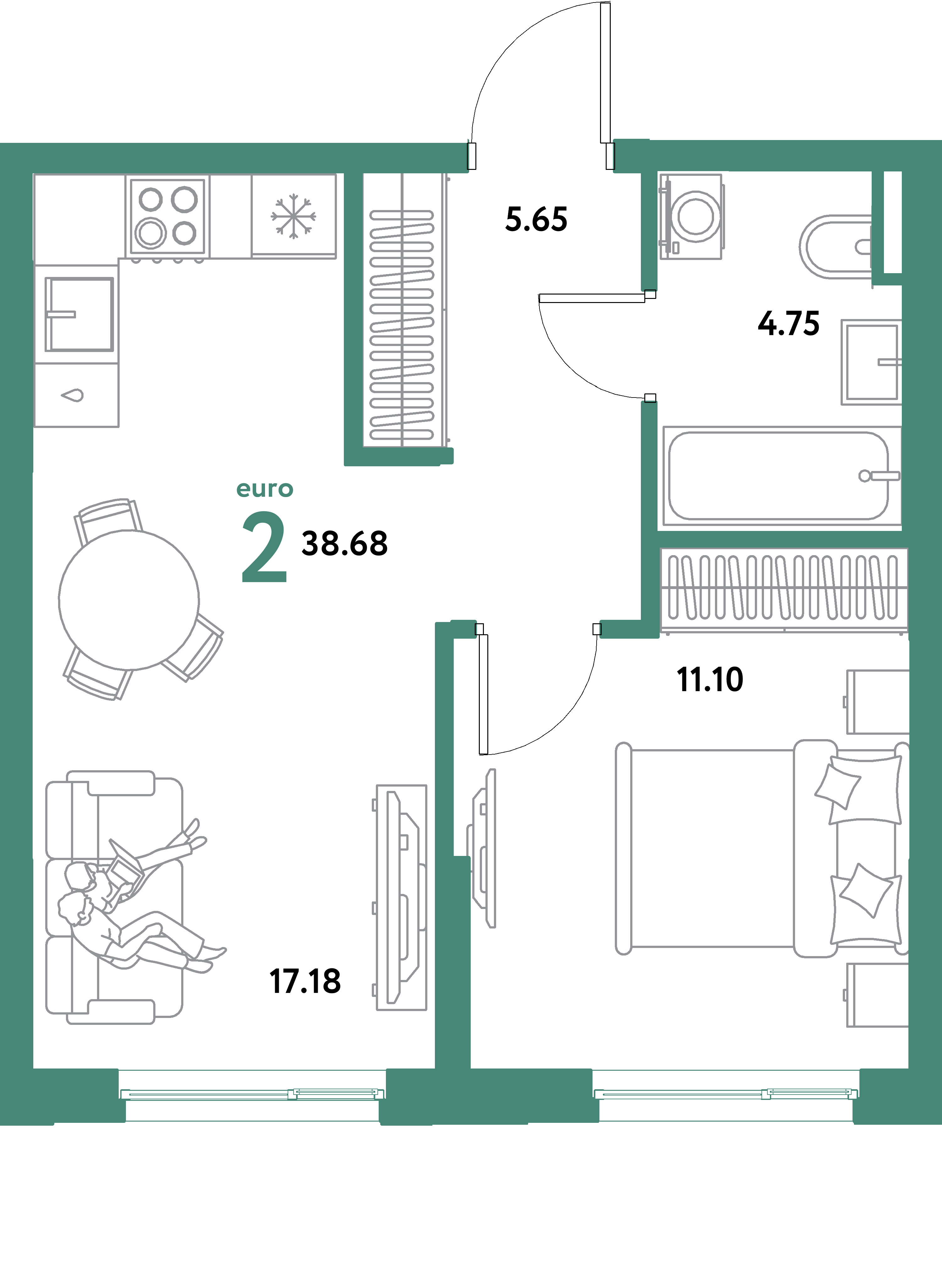 ЖК "Остров-сад"-2-комнатная 38.68 м²