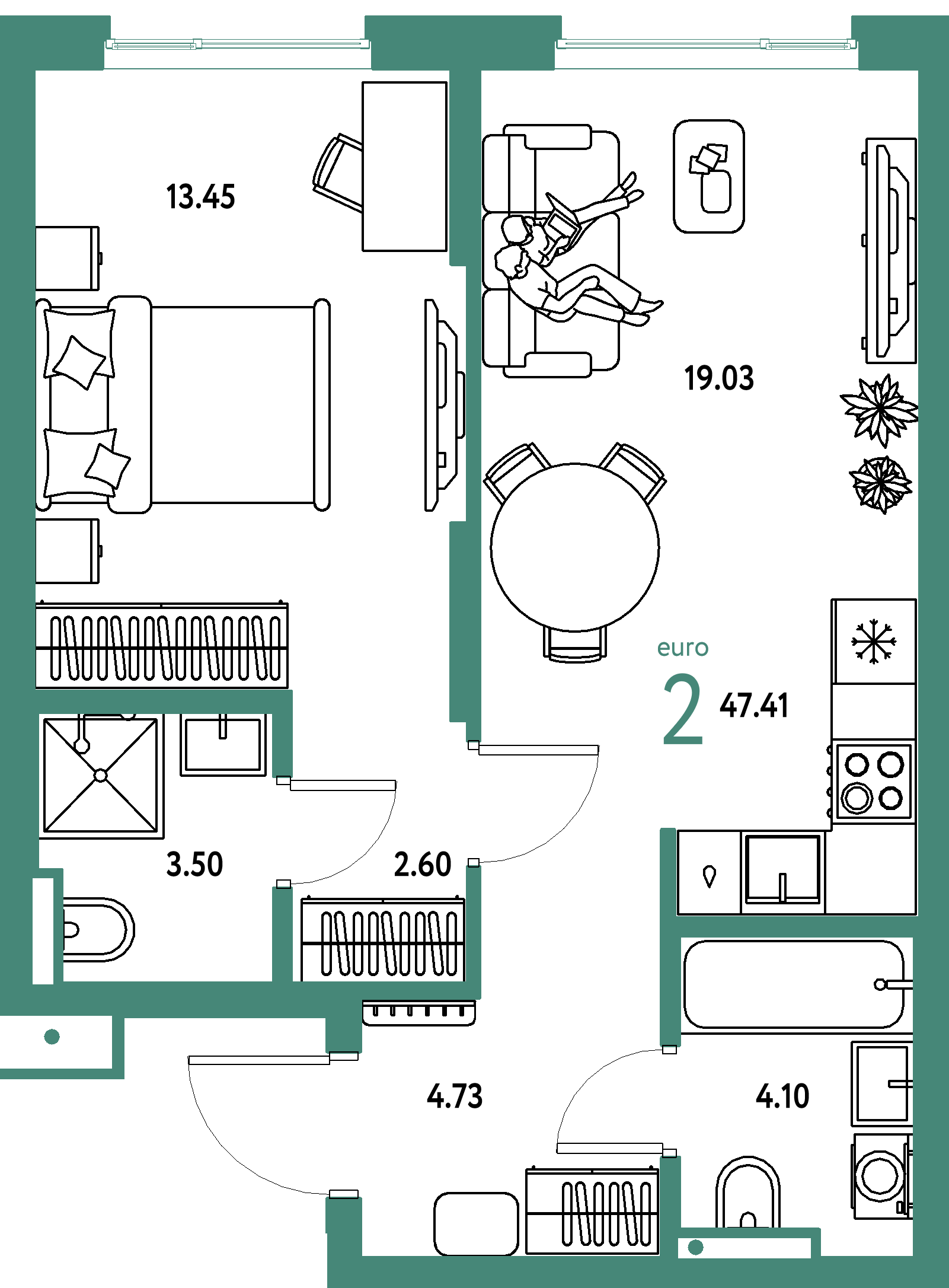 ЖК "Страна.Парковая"-2-комнатная 47.41 м²