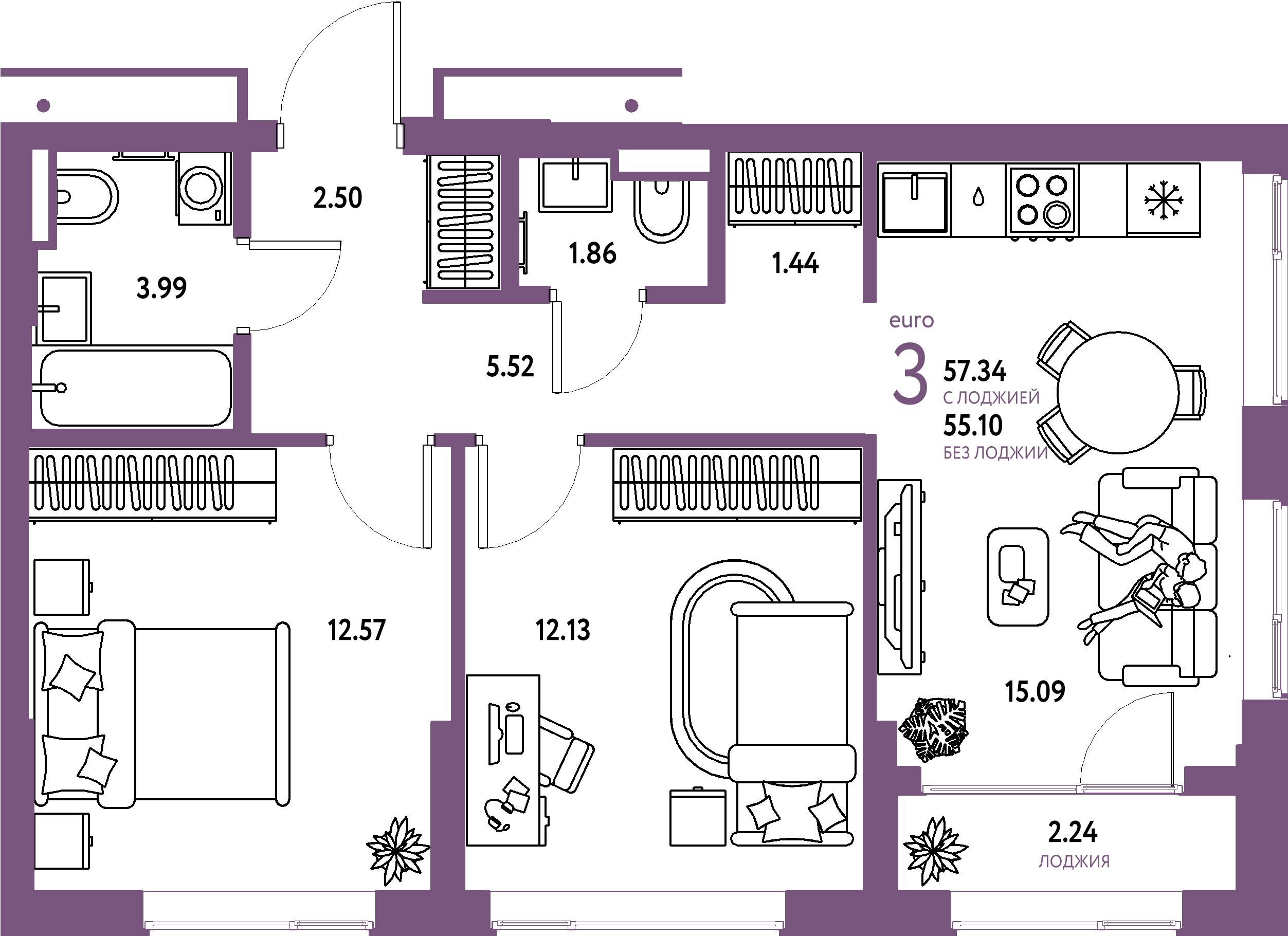 ЖК "Страна.Парковая"-3-комнатная 57.34 м²