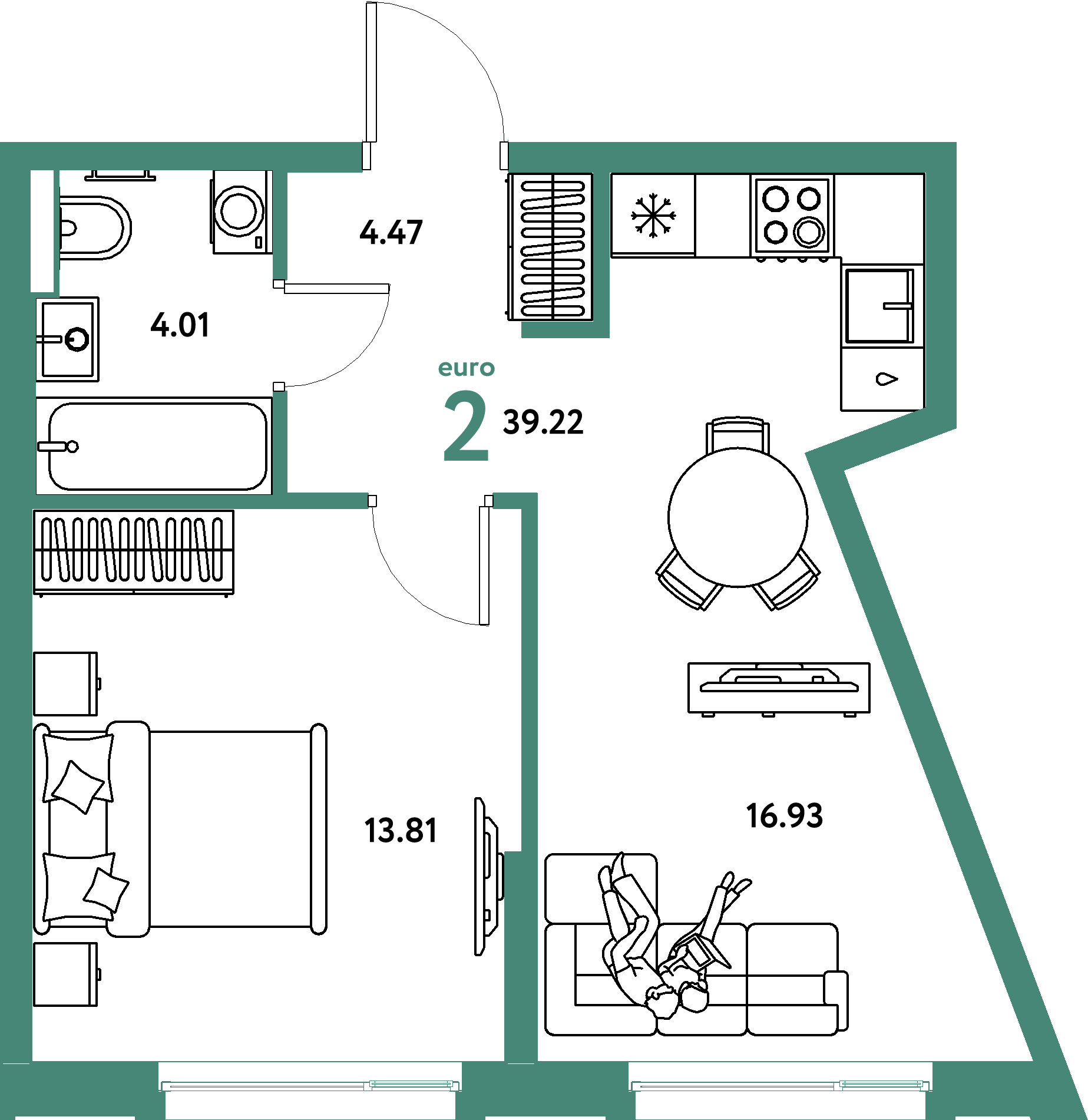 Планировка: Евродвушка 39.3 м² в ЖК Авторский, Дом Обороны