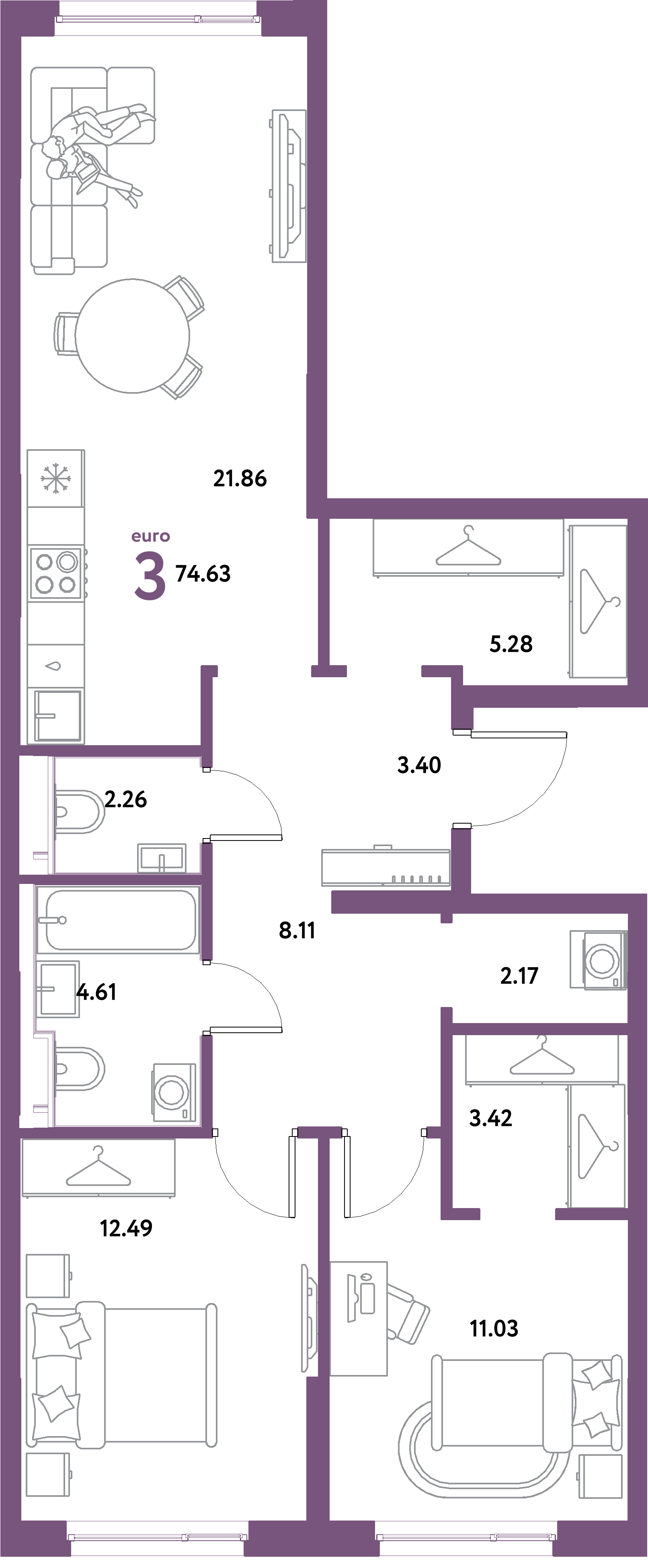 ЖК "Остров-сад"-3-комнатная 74.63 м²