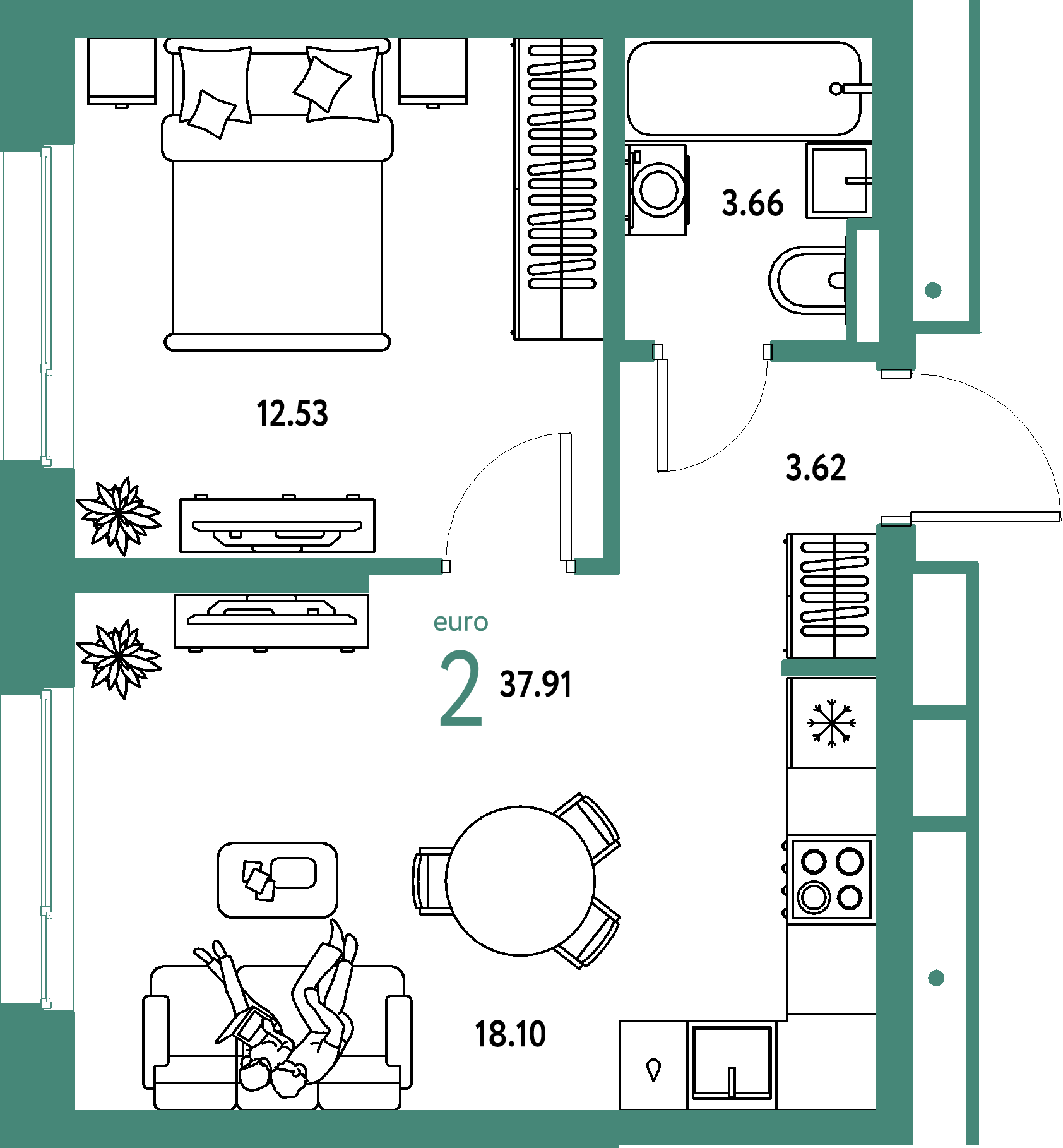 ЖК "Страна.Парковая"-2-комнатная 37.91 м²