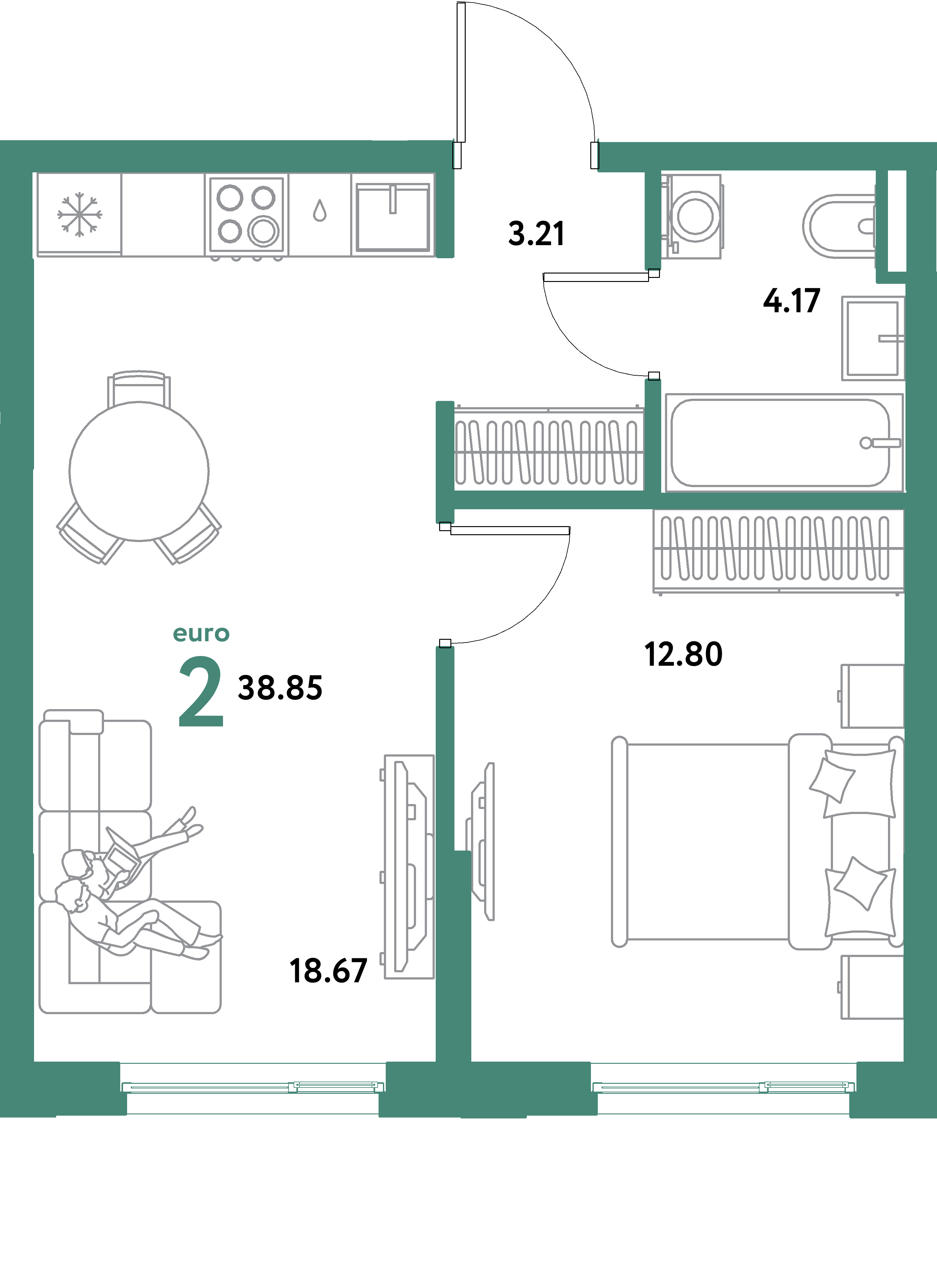ЖК "Остров-сад"-2-комнатная 38.85 м²