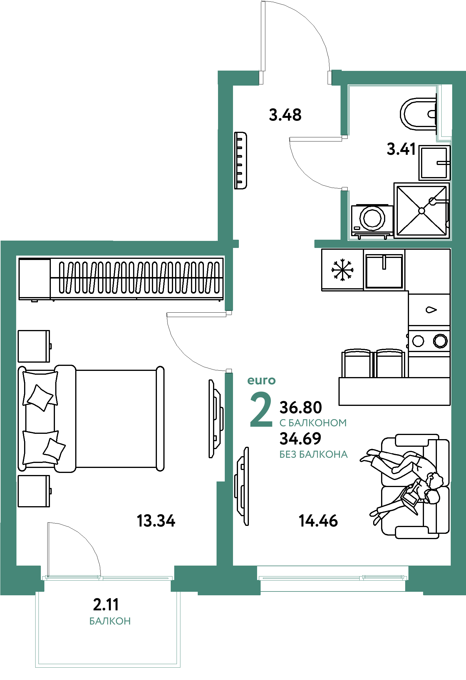 Планировка: Евродвушка 36.8 м² в ЖК Домашний, Плеханово