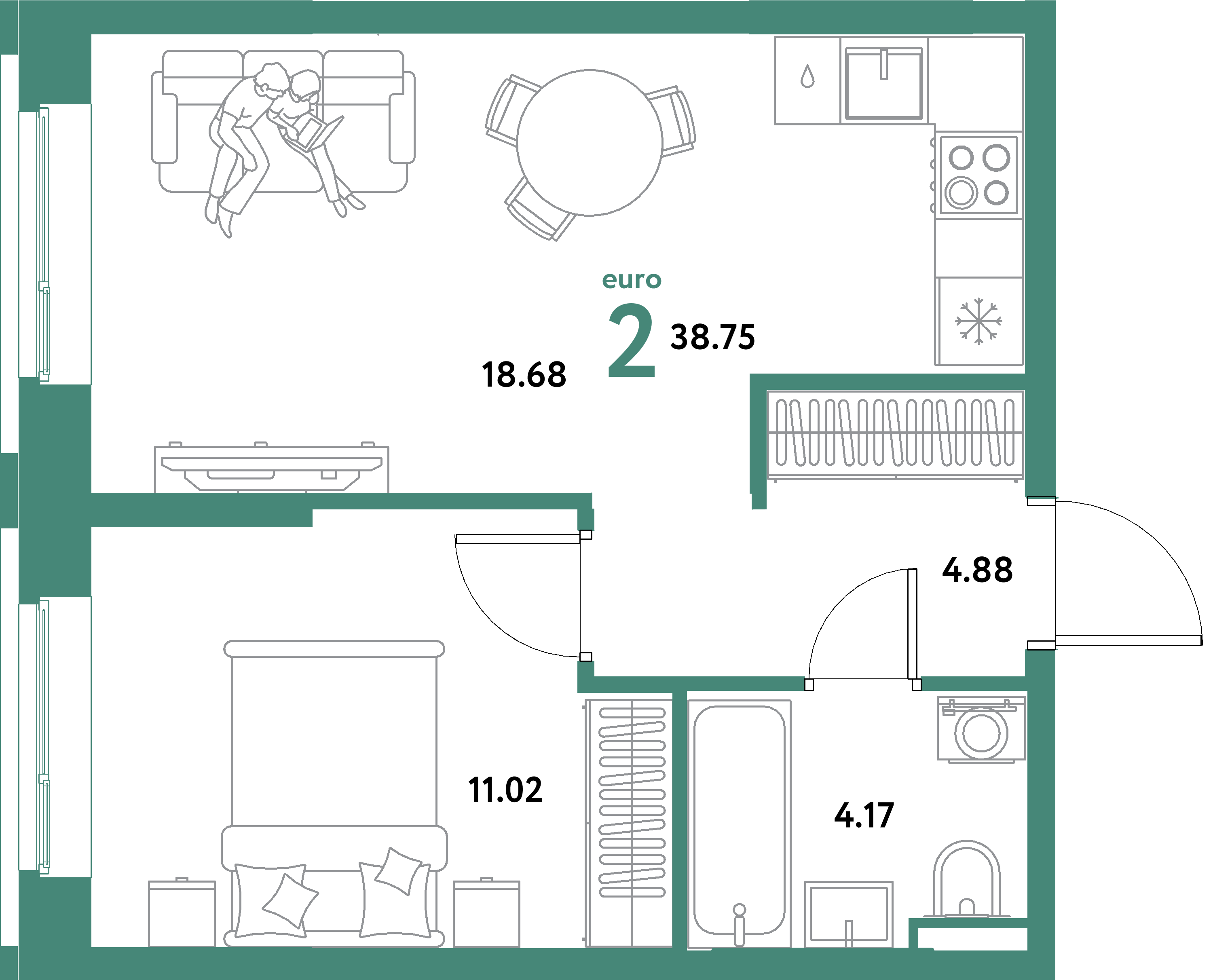 ЖК "Остров-сад"-2-комнатная 38.75 м²