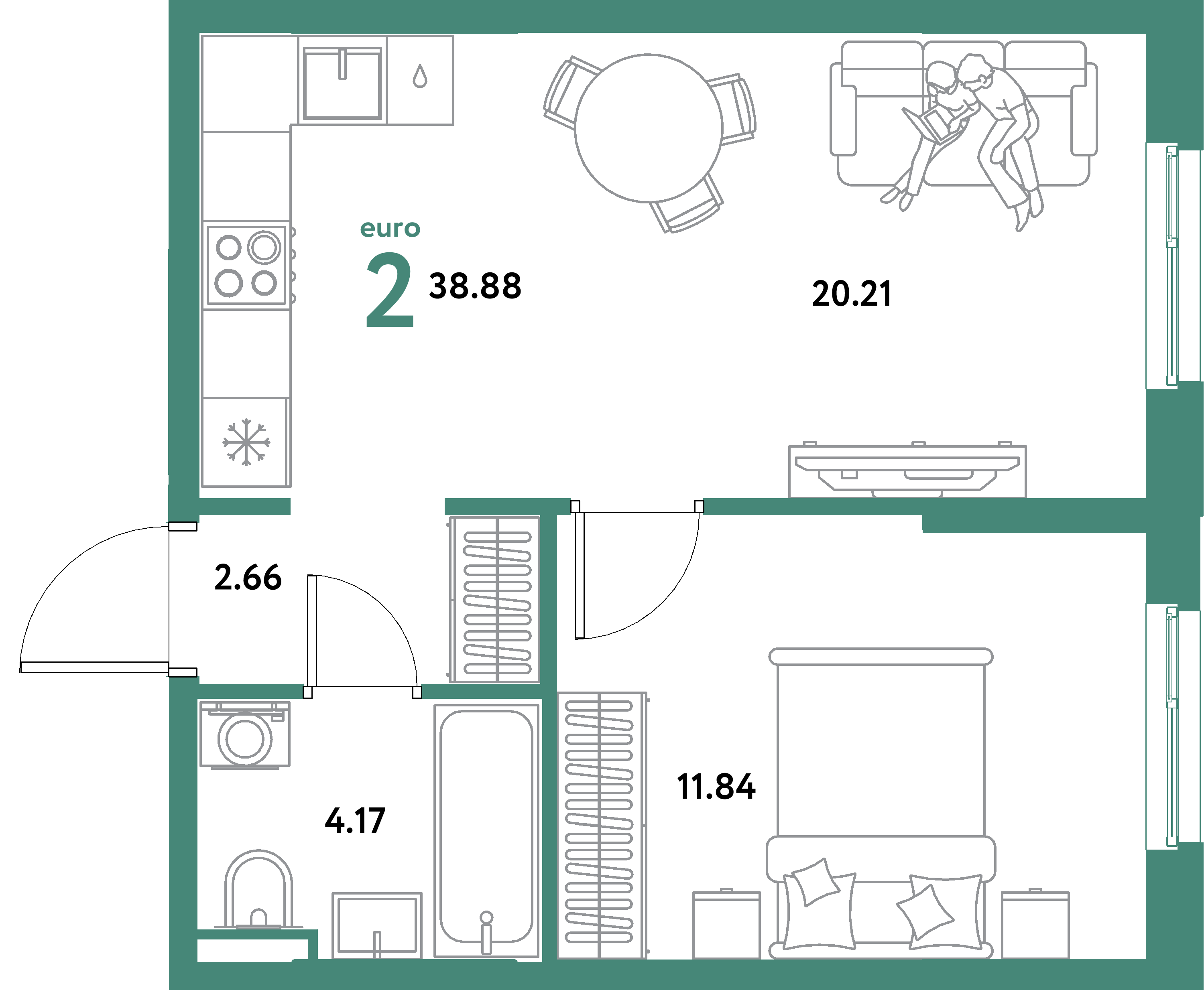 ЖК "Остров-сад"-2-комнатная 38.88 м²