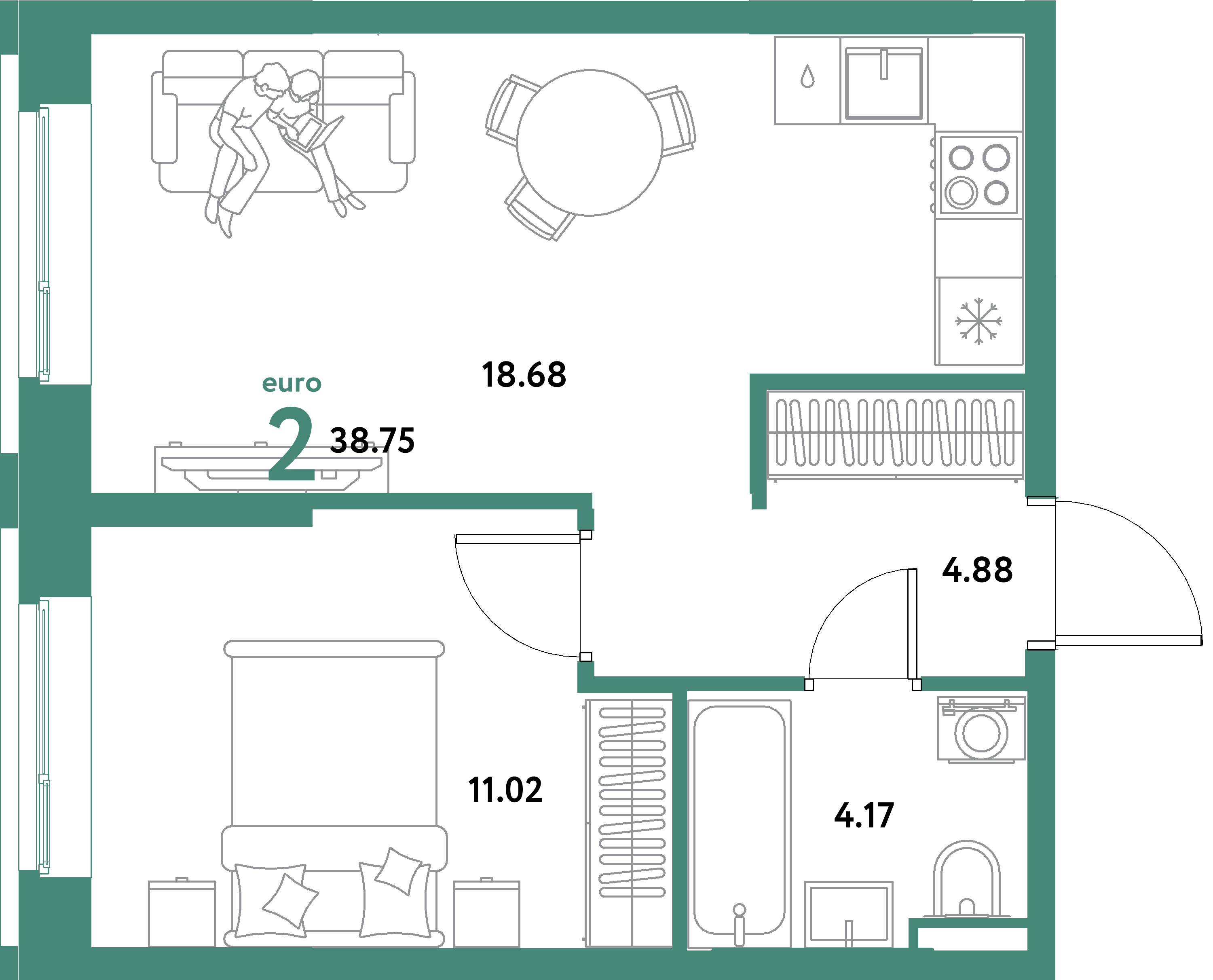 ЖК "Остров-сад"-2-комнатная 38.75 м²