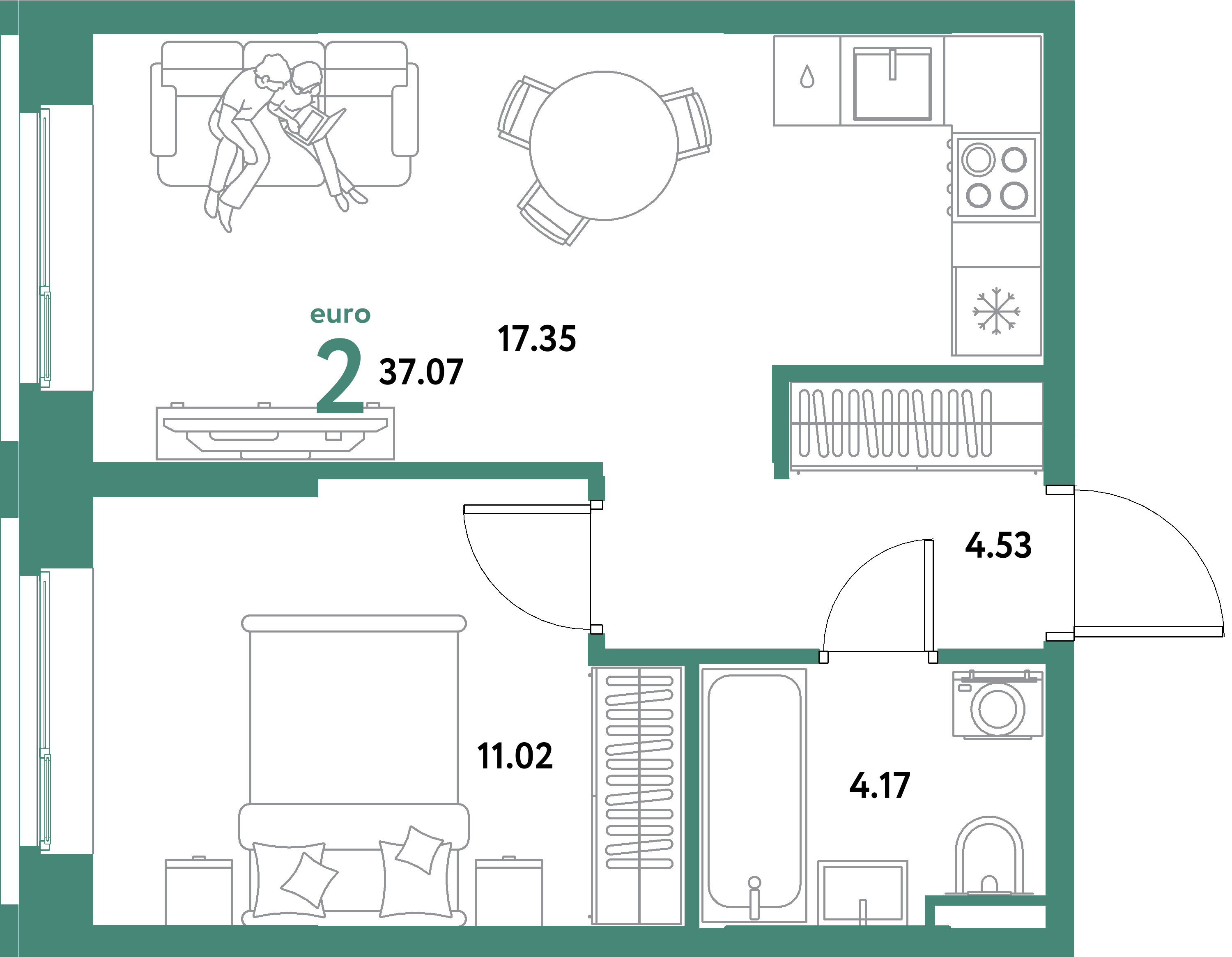 ЖК "Остров-сад"-2-комнатная 37.07 м²