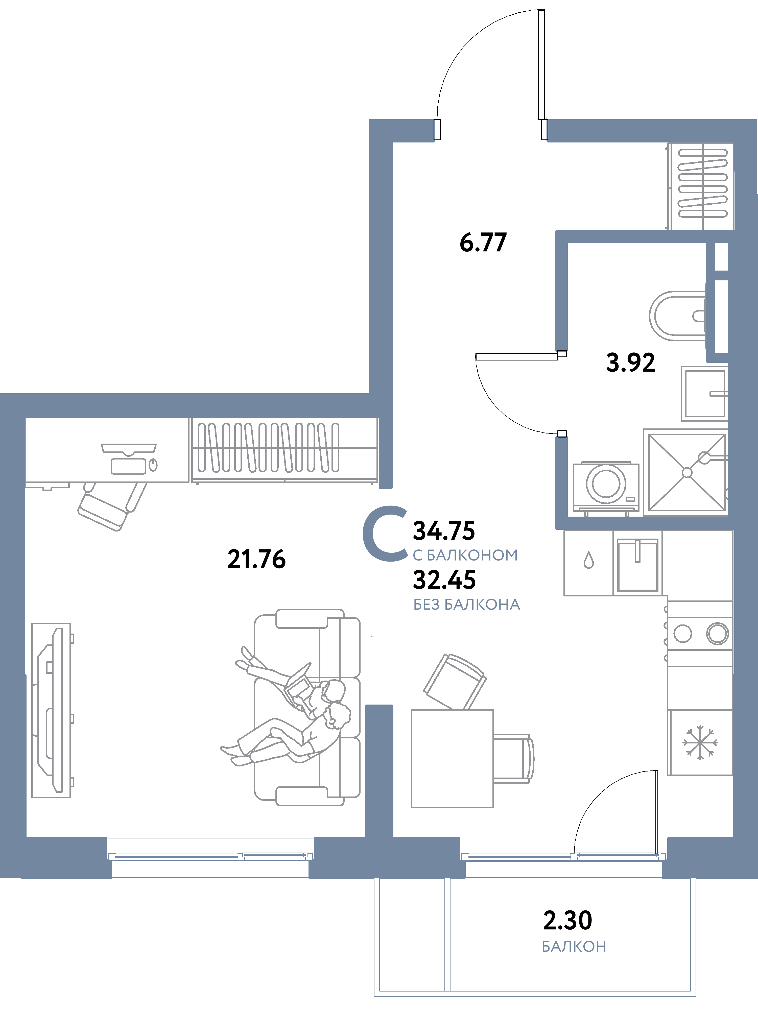 ЖК "Остров-сад"-Студия 34.75 м²