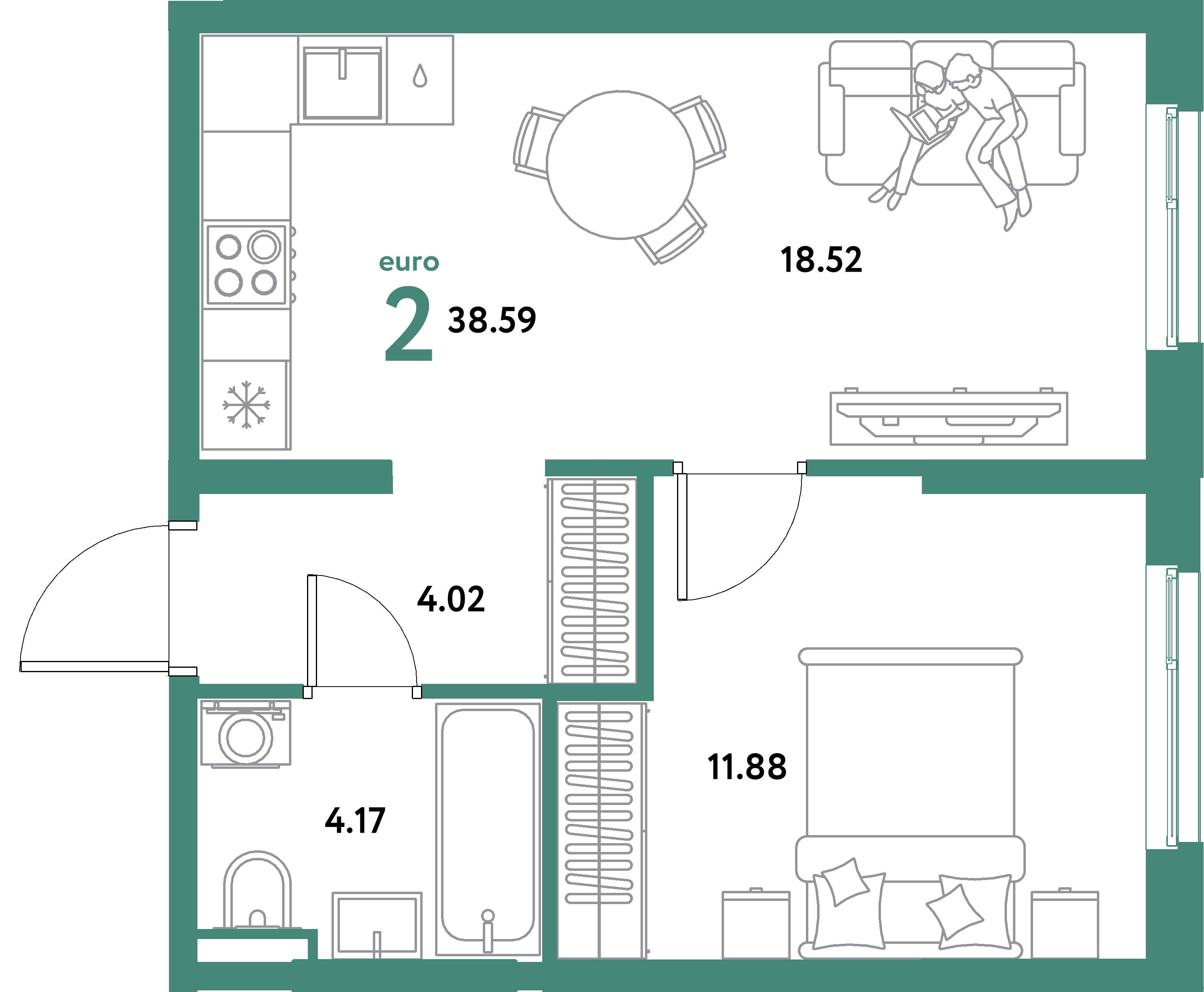 ЖК "Остров-сад"-2-комнатная 38.59 м²