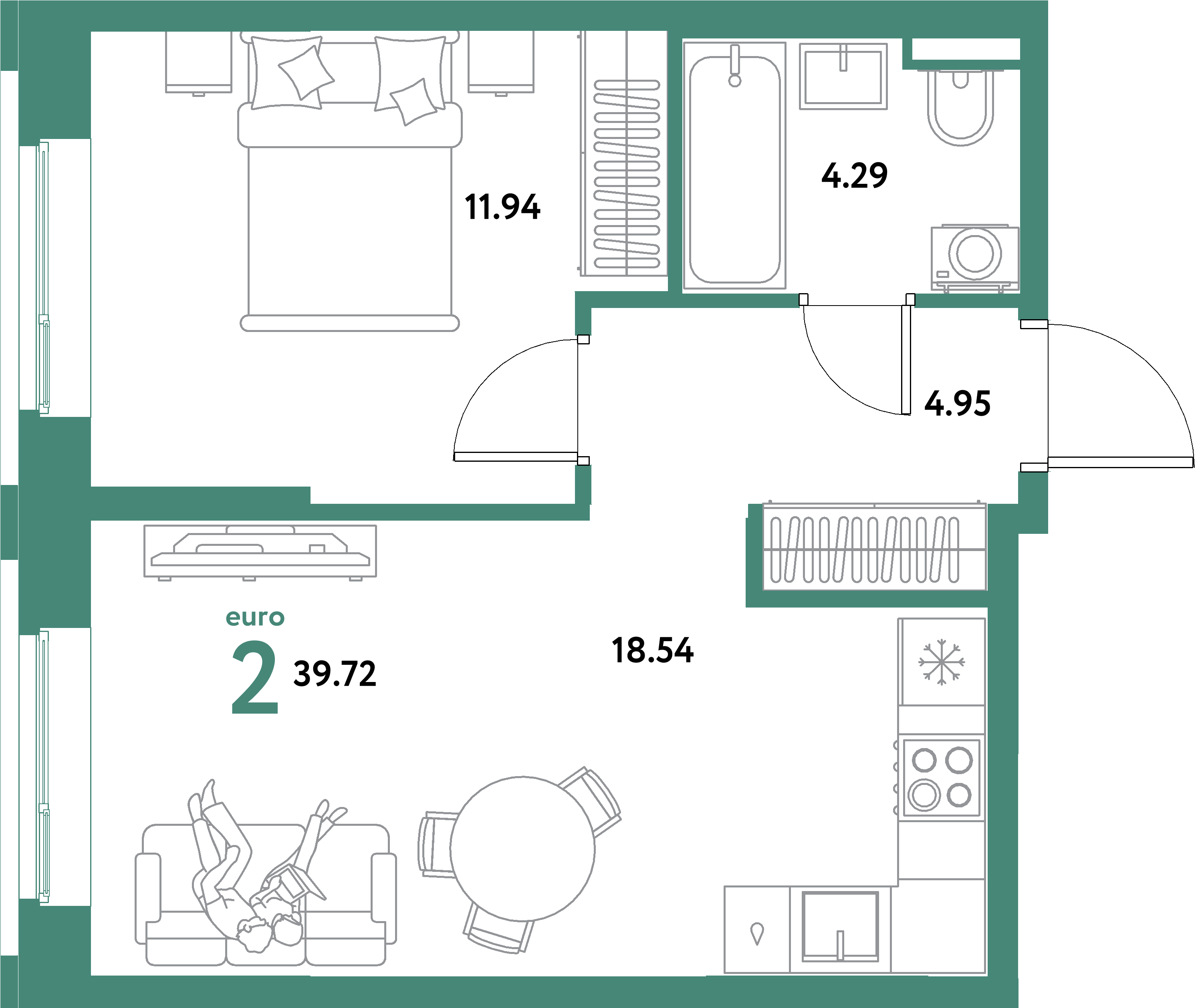 ЖК "Остров-сад"-2-комнатная 39.72 м²