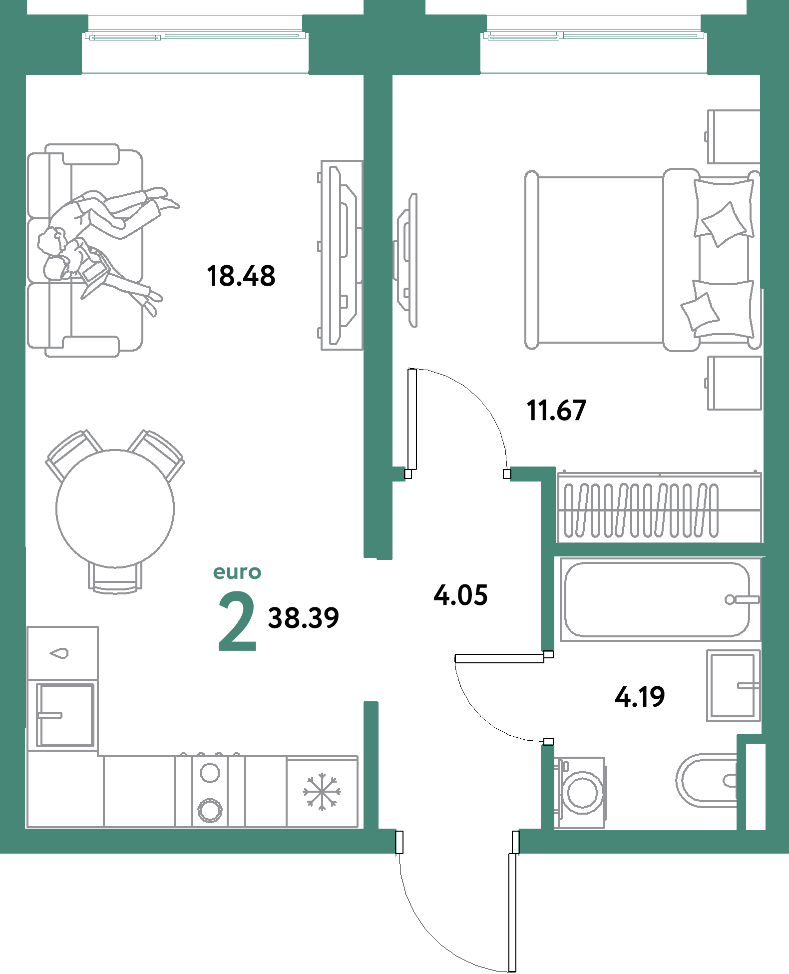 ЖК "Остров-сад"-2-комнатная 38.39 м²