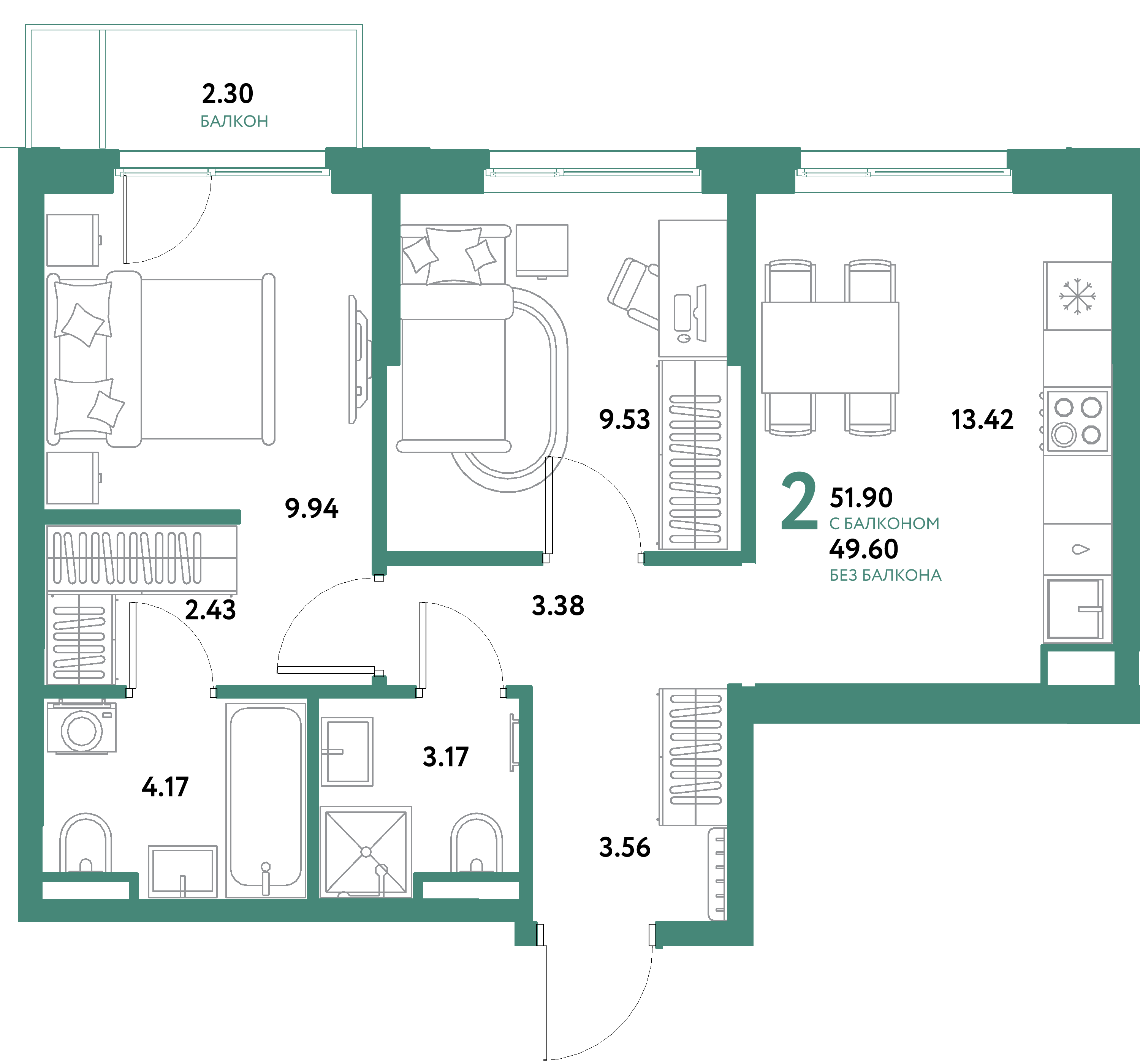 ЖК "Остров-сад"-2-комнатная 51.9 м²