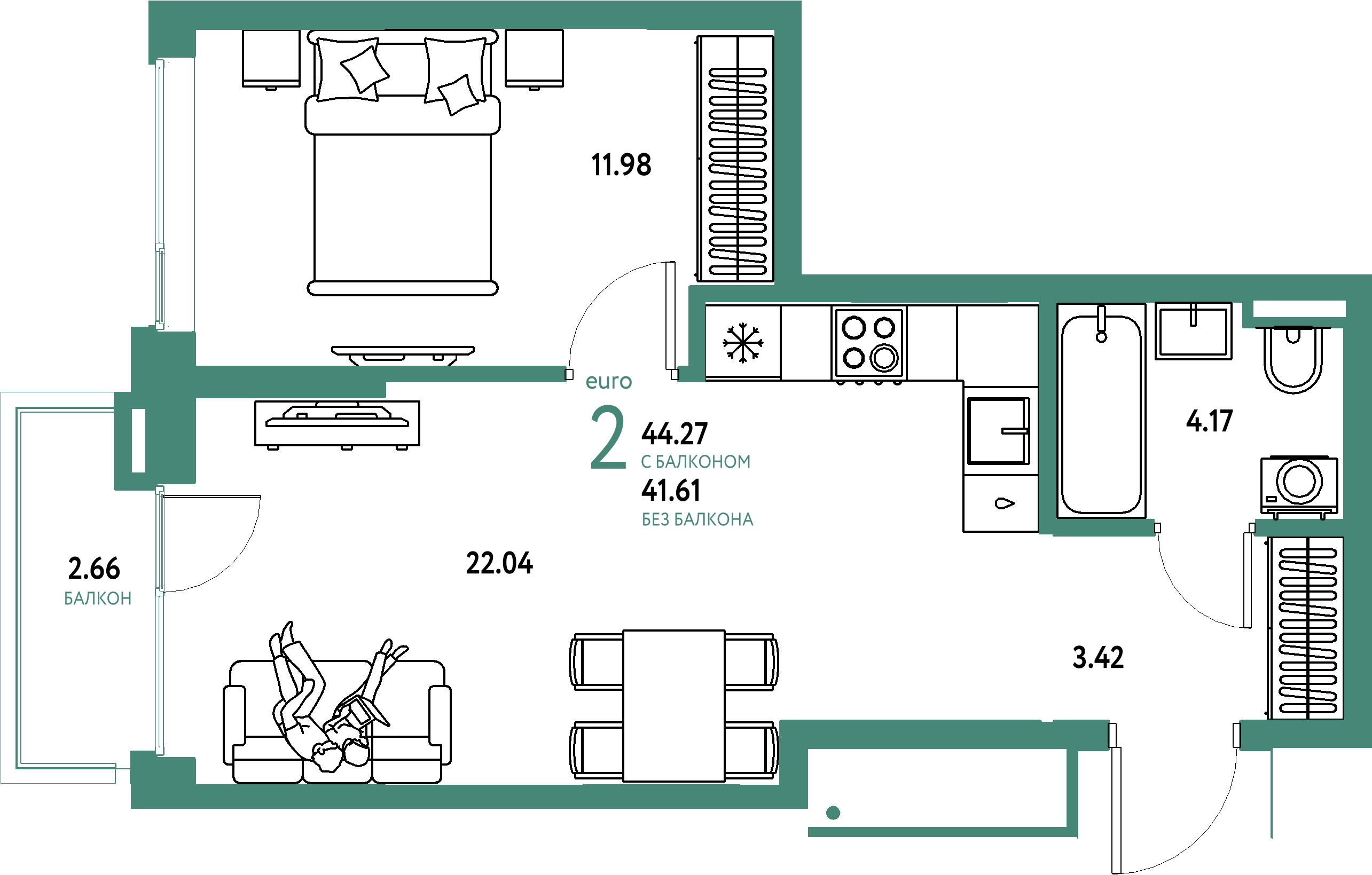 ЖК "Страна.Прибрежная"-2-комнатная 44.27 м²