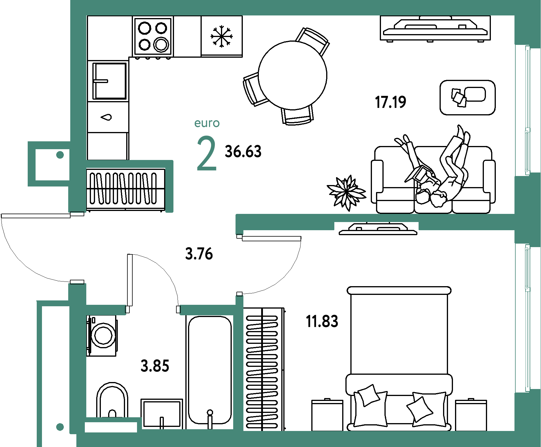 ЖК "Страна.Парковая"-2-комнатная 36.63 м²