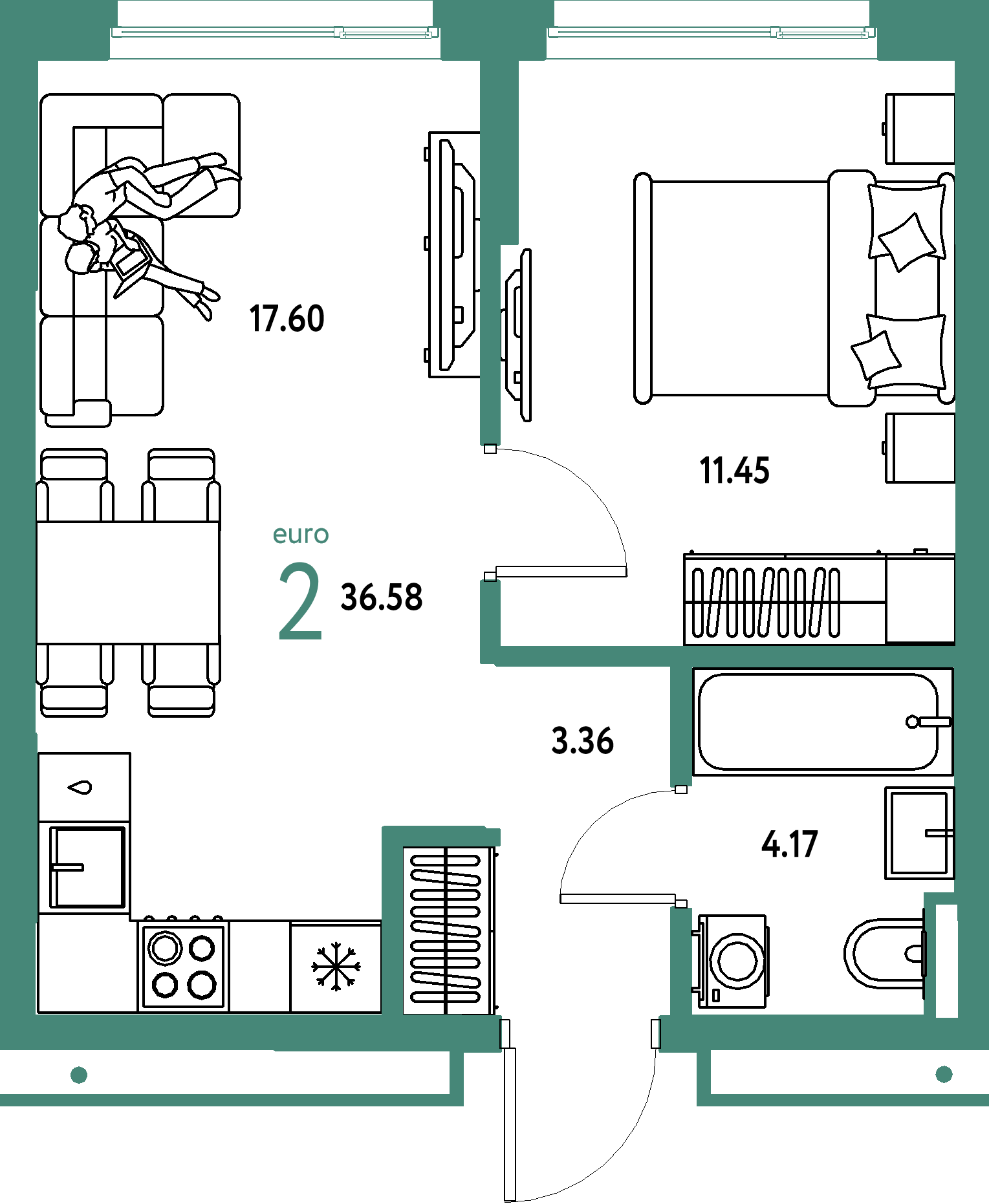 ЖК "Страна.Прибрежная"-2-комнатная 36.58 м²